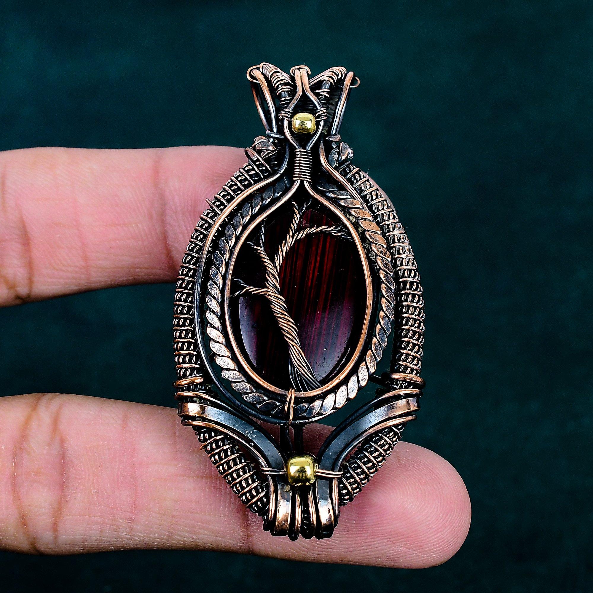 Red Fire Labradorite Pendant Copper Wire Wrapped Jewelry Chain Pendant Real Gemstone Jewelry Tree of Life Jewelry Handmade Stylish Pendant
