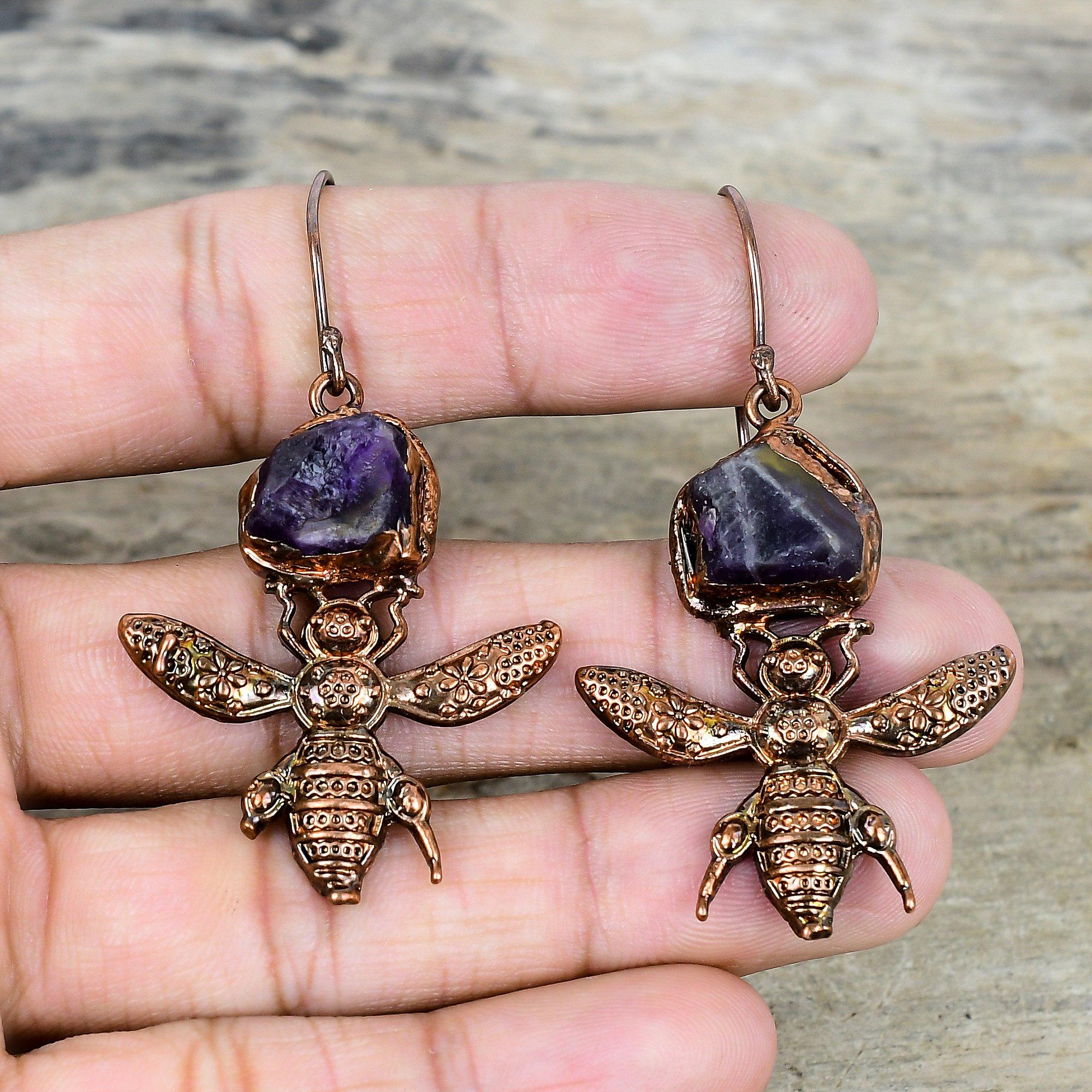 African amethyst rough earring electroformed copper earrings honey bee earring handmade jewelry wedding gifts very pretty gemstone earrings