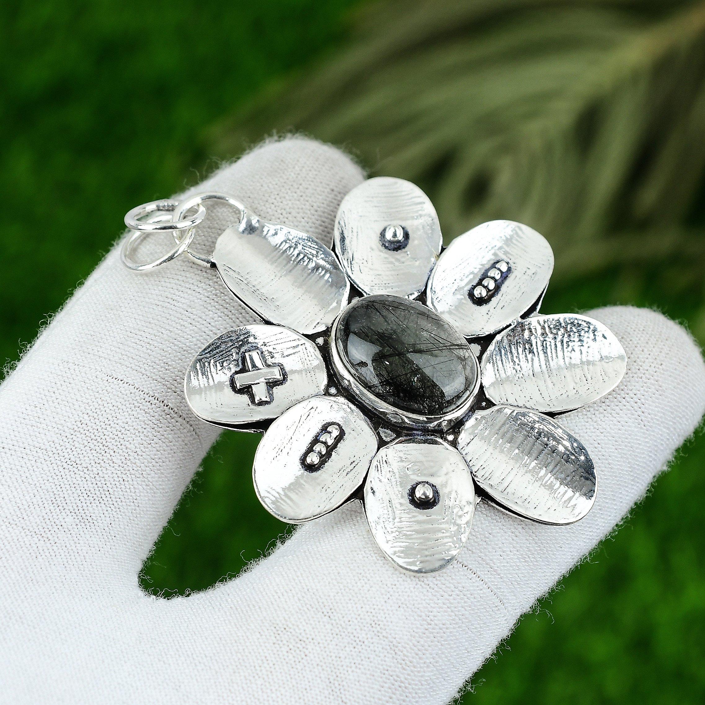 Gift For Women Jewelry Pendant 925 Sterling Silver Natural Black Rutile Gemstone