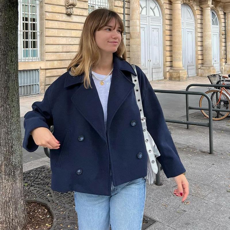Women Fashion Double Breasted Turn Down Collar Short Jackets Autumn Winter Casual Loose Coats Long Sleeve Outerwear