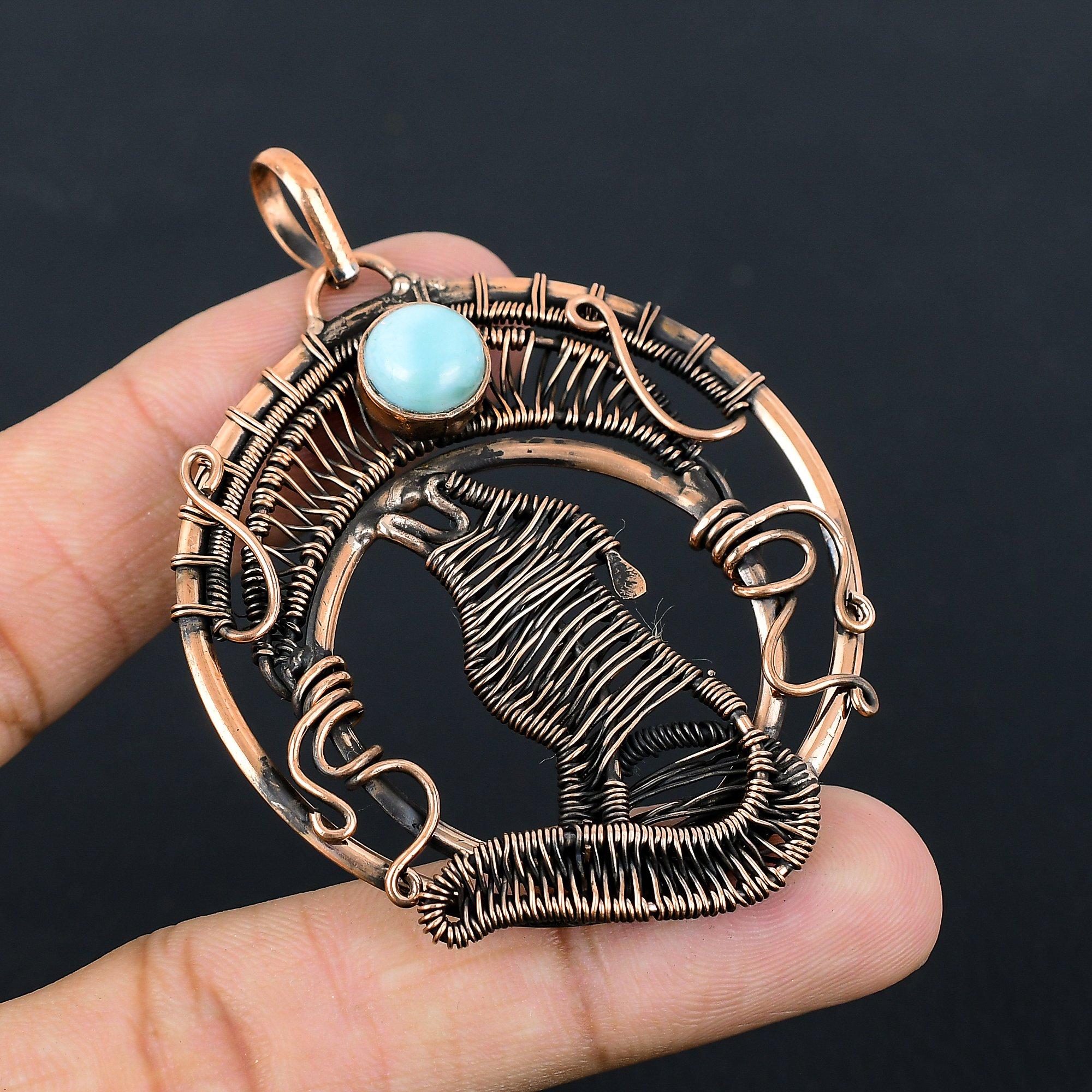 Larimar Gemstone Pure Copper Wire Wrapped Handmade Pendant Jewelry For Gift
