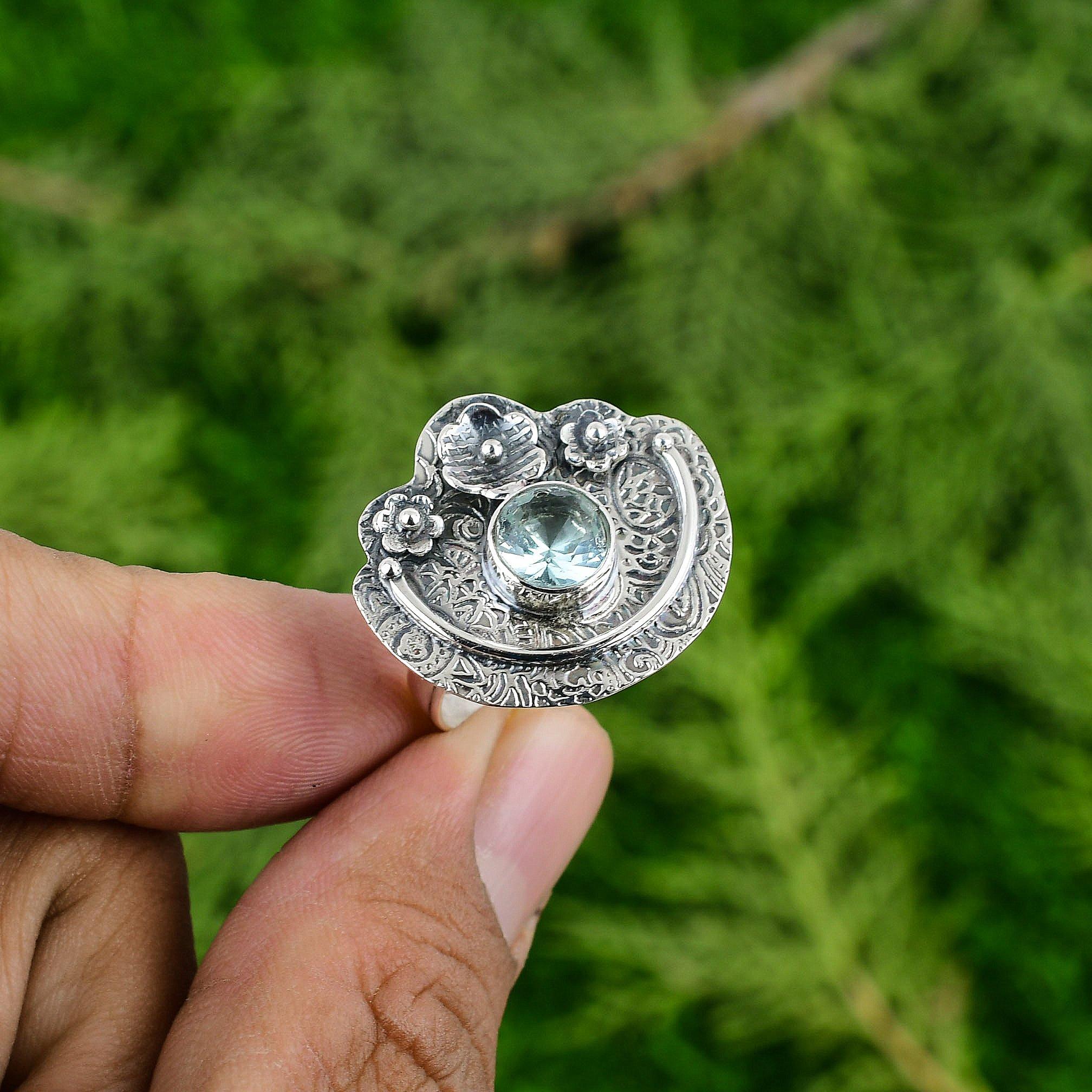 925 Sterling Silver Natural Swiss Blue Topaz New Flower Multi Stone Ring Jewelry