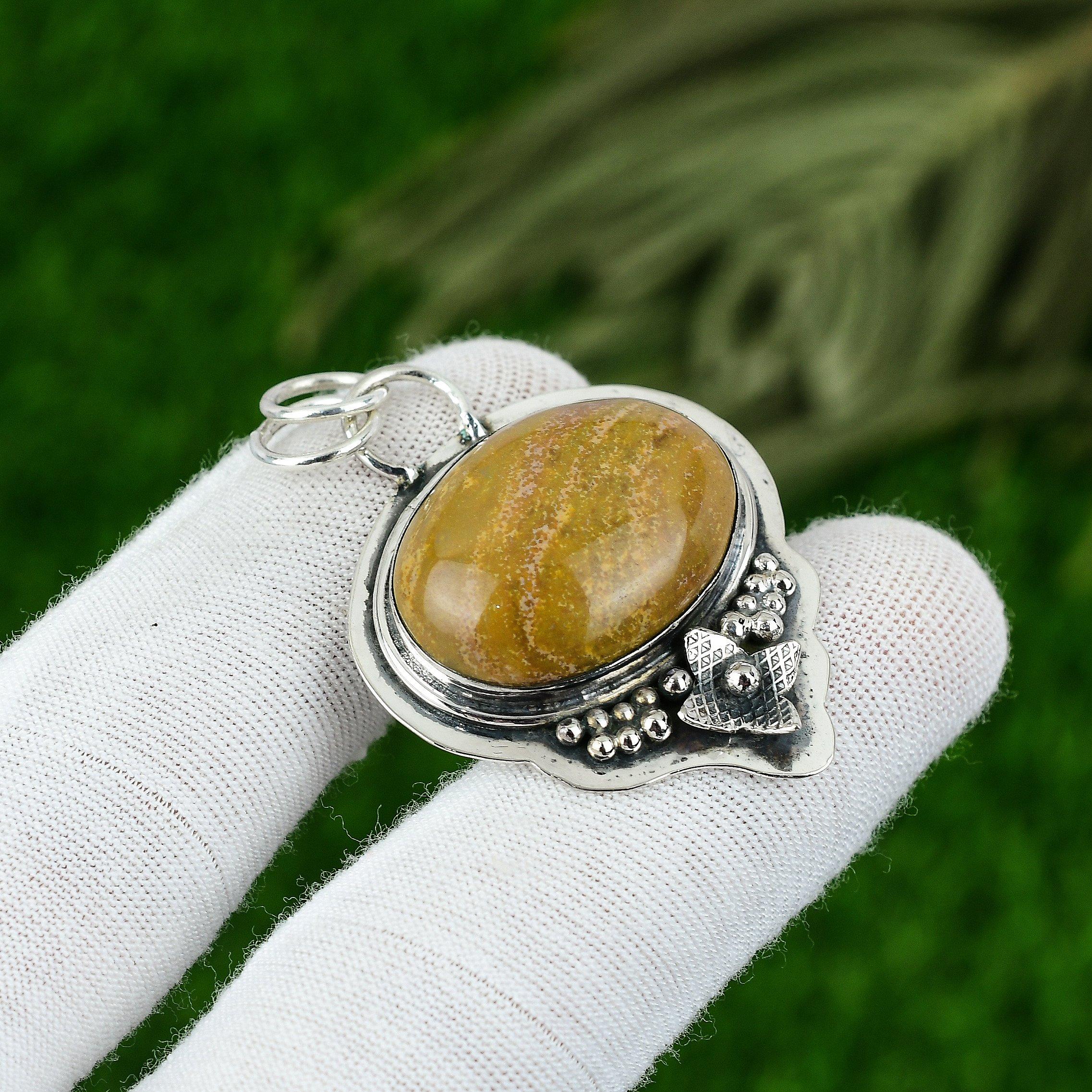 Gift For Her 925 Sterling Silver Natural Ocean Jasper Gemstone Jewelry Pendant