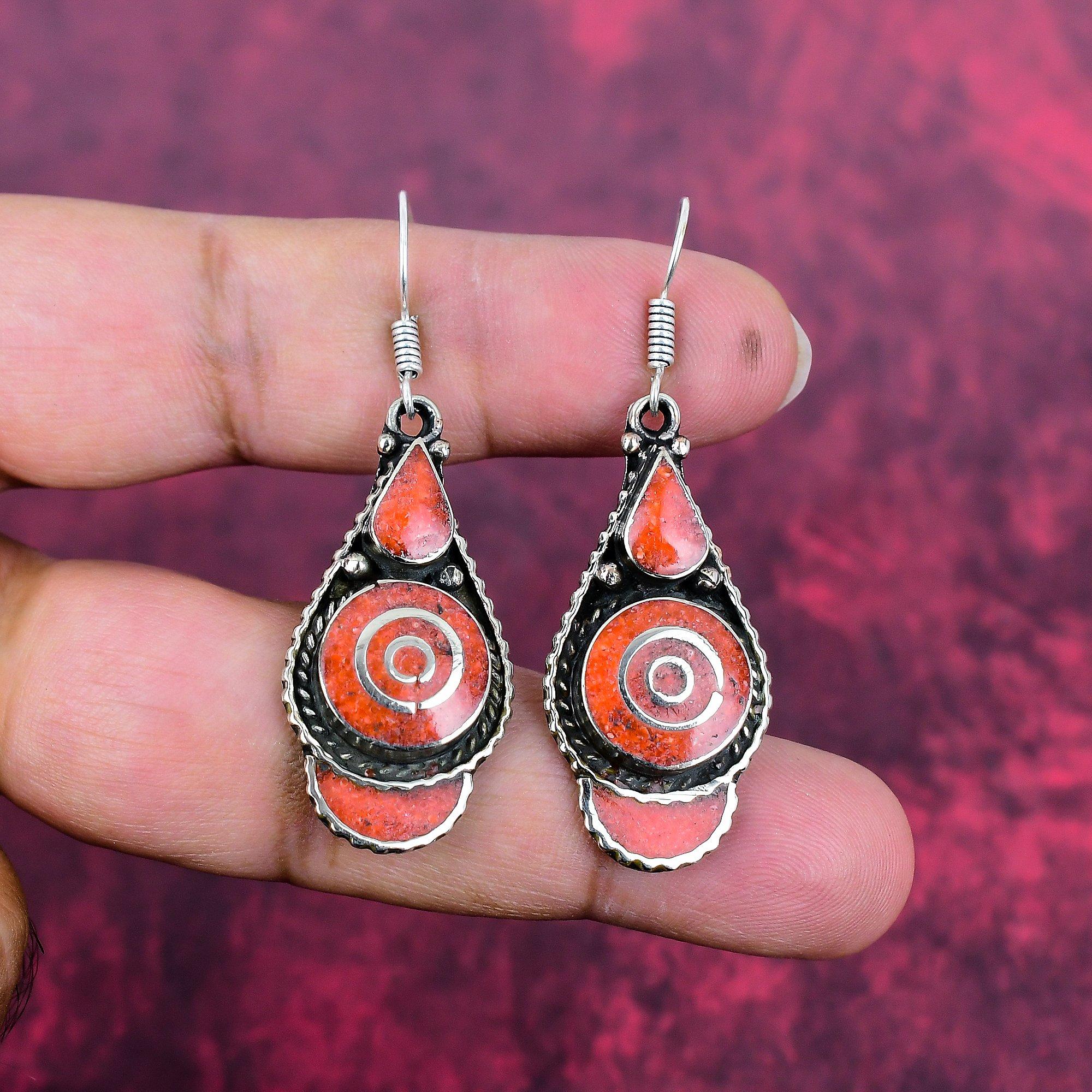 Koralle 925 Massiv Sterlingsilber Nepalesische Ohrringe, Handgefertigte Edelstein-Ohrringe Schmuck, Geschenke für Ehefrau Brandneue Ohrringe