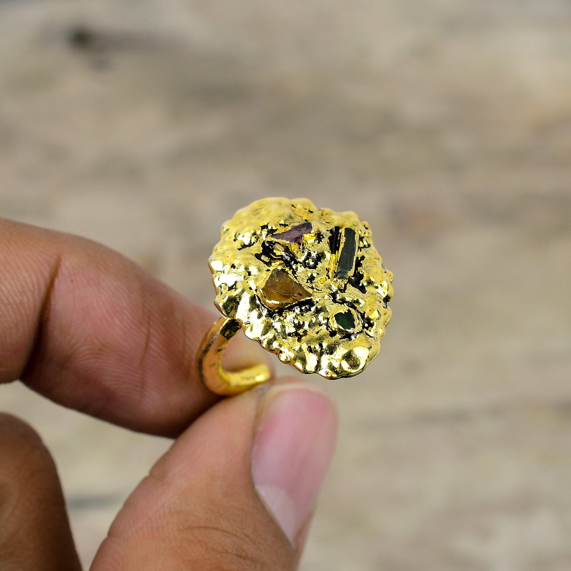 Multi Tourmaline Rough Ring Electroformed Copper Ring Adjustable Ring Gold Plated Ring Electroformed Gemstone Jewelry Handmade Ring For Gift