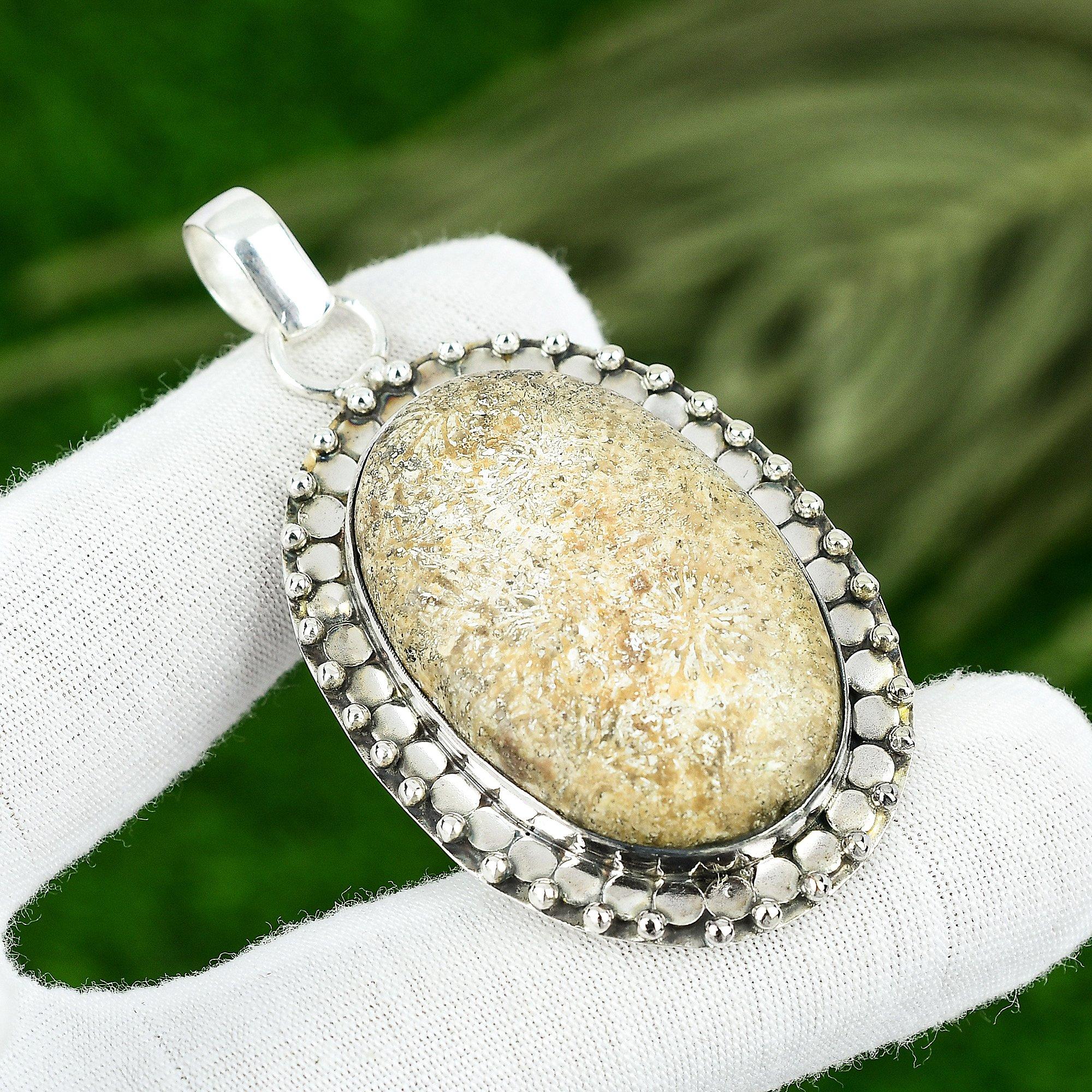 Sterlingsilber Wurzelchakra Fossil Koralle Edelstein Schwester Ethnisch Lünettenanhänger