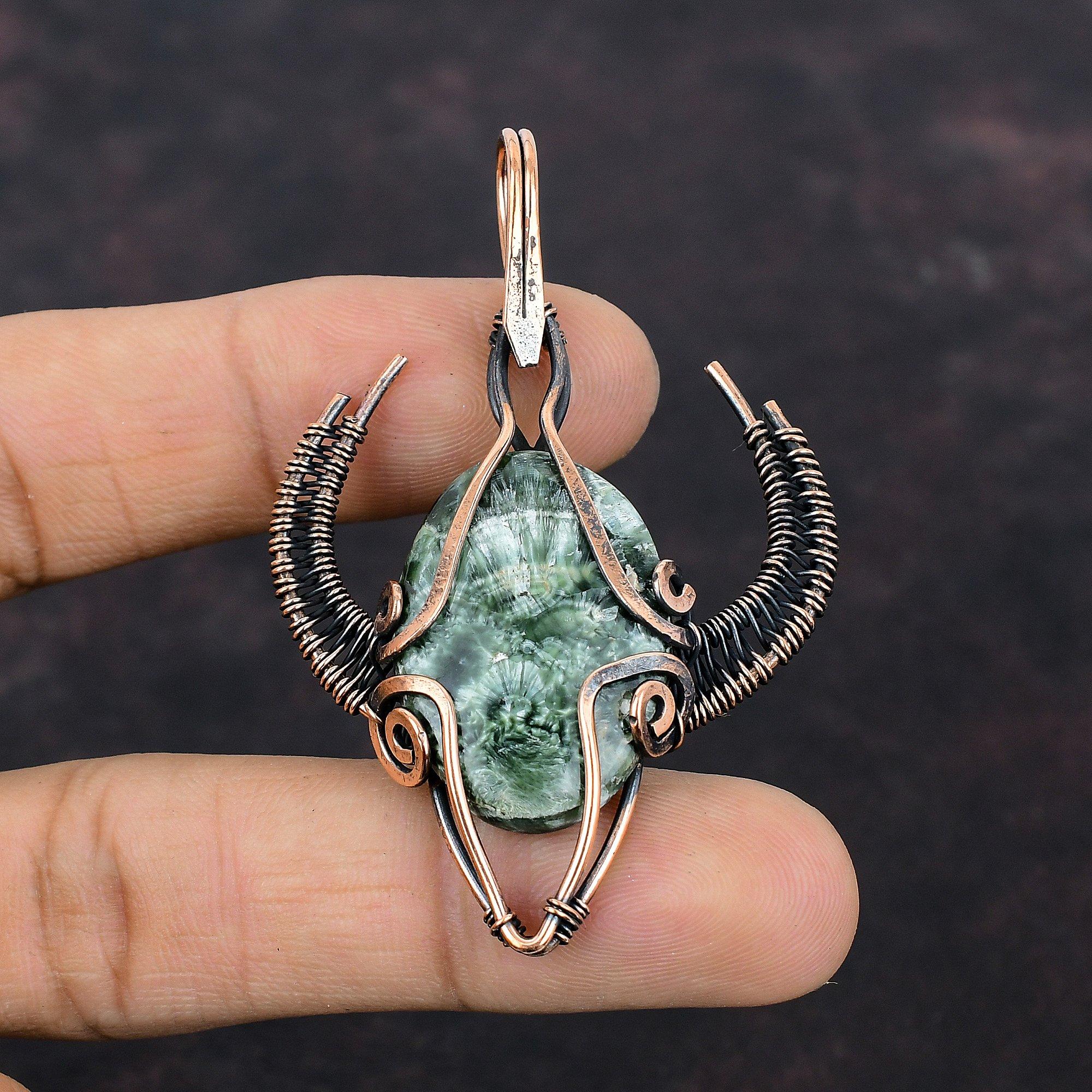 Seraphinite Pendant Copper Wire Wrapped Gemstone Pendant Handmade Copper Jewelry Gift For Him Wire Wrapped Jewelry Bull Face Shape Pendants