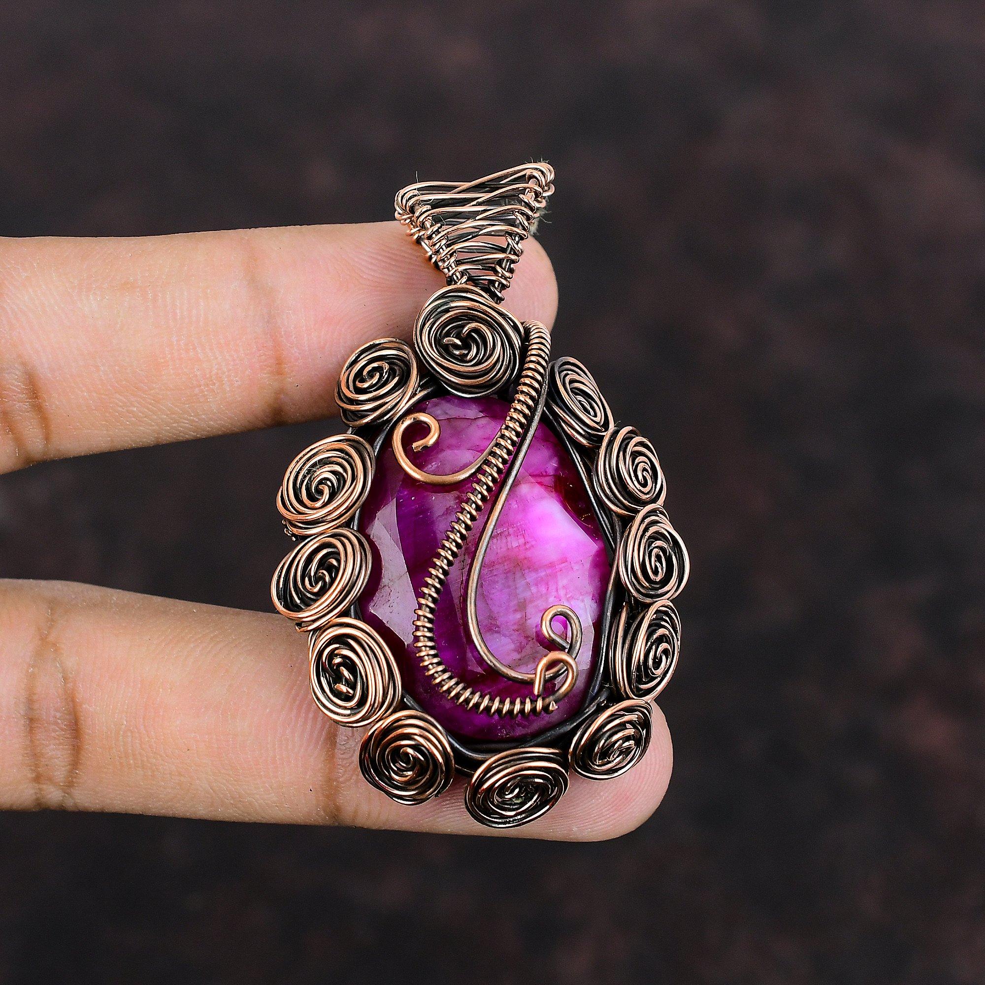Faceted Kashmir Ruby Pendant Copper Wire Wrapped Pendant Handmade Copper Jewelry Anniversary Gift Stylish Pendant Wire Wrap Gemstone Jewelry