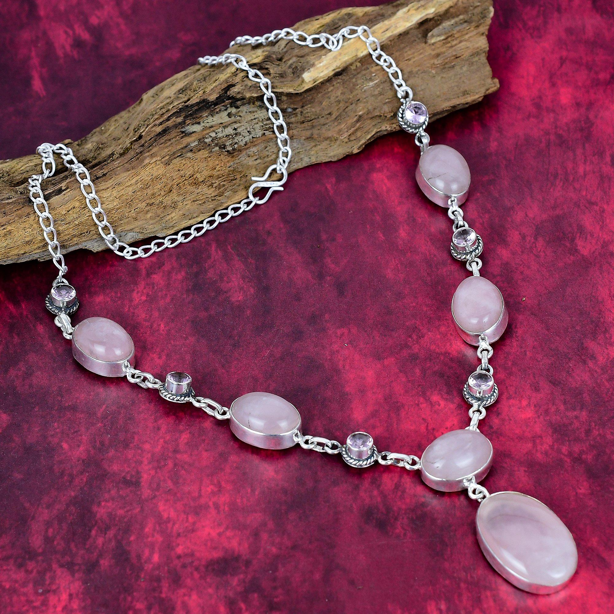 Rose Quartz & Kunzite Handmade Latest Design Jewelry Necklace, 925 Solid Sterling Silver Gemstone Necklace, Gift For Mother