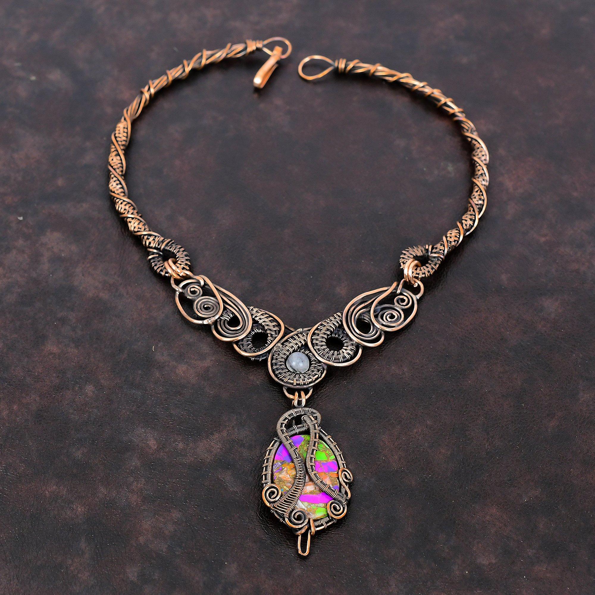 Fiesta Kingman Turquoise Necklace Copper Wire Wrapped Gemstone Necklace Multi Copper Turquoise Necklace Handmade Rainbow Moonstone Jewelry
