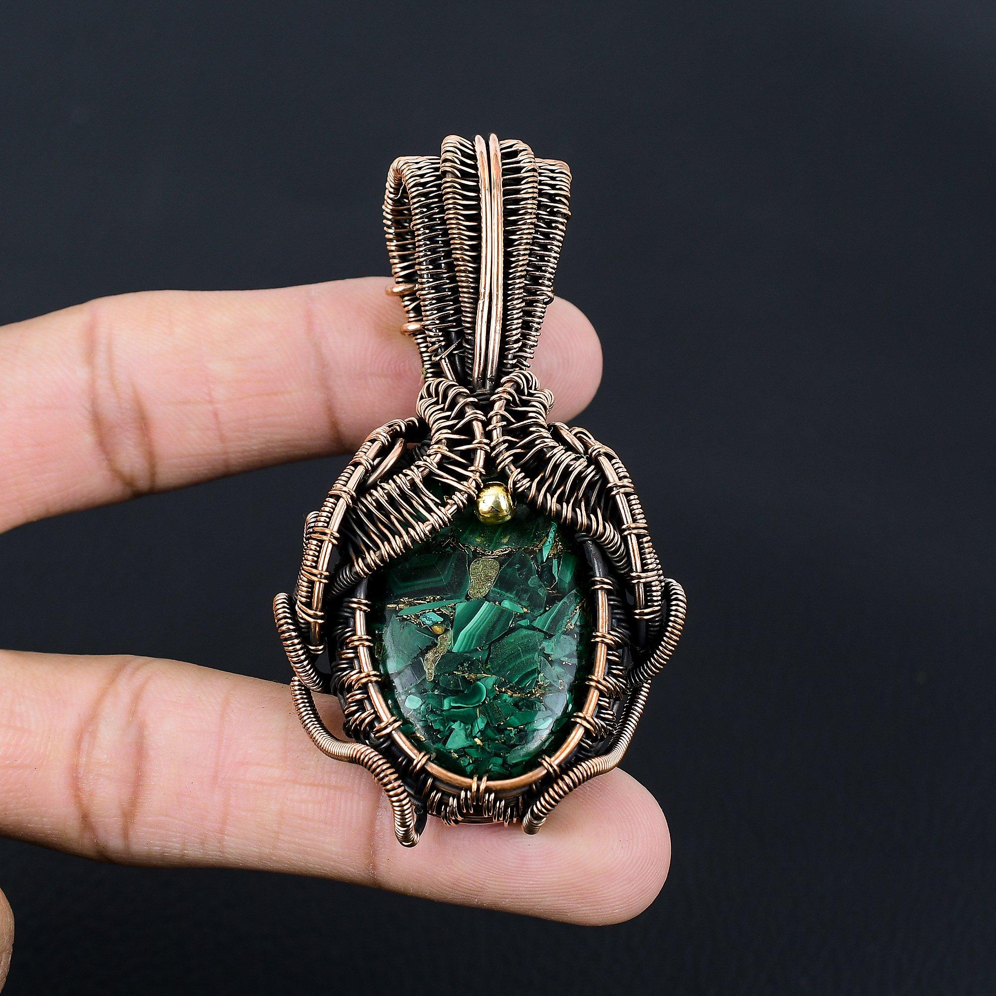 Copper Malachite Gemstone Handmade Jewelry Pure Copper Wire Wrapped Pendant