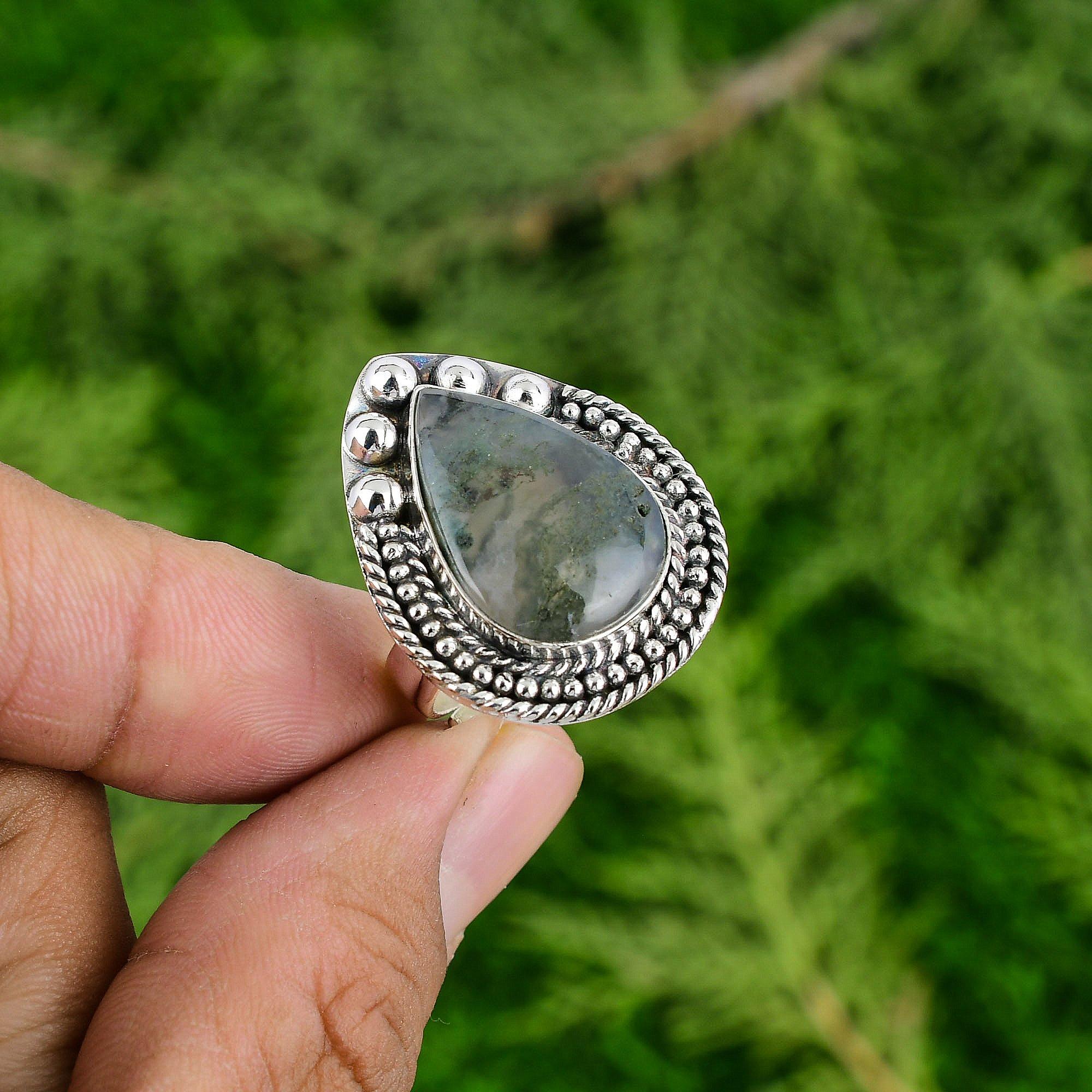 Solar Moss Agate Stone 925 Sterling Silver Ethnic Bezel Solitaire Ring Jewelry