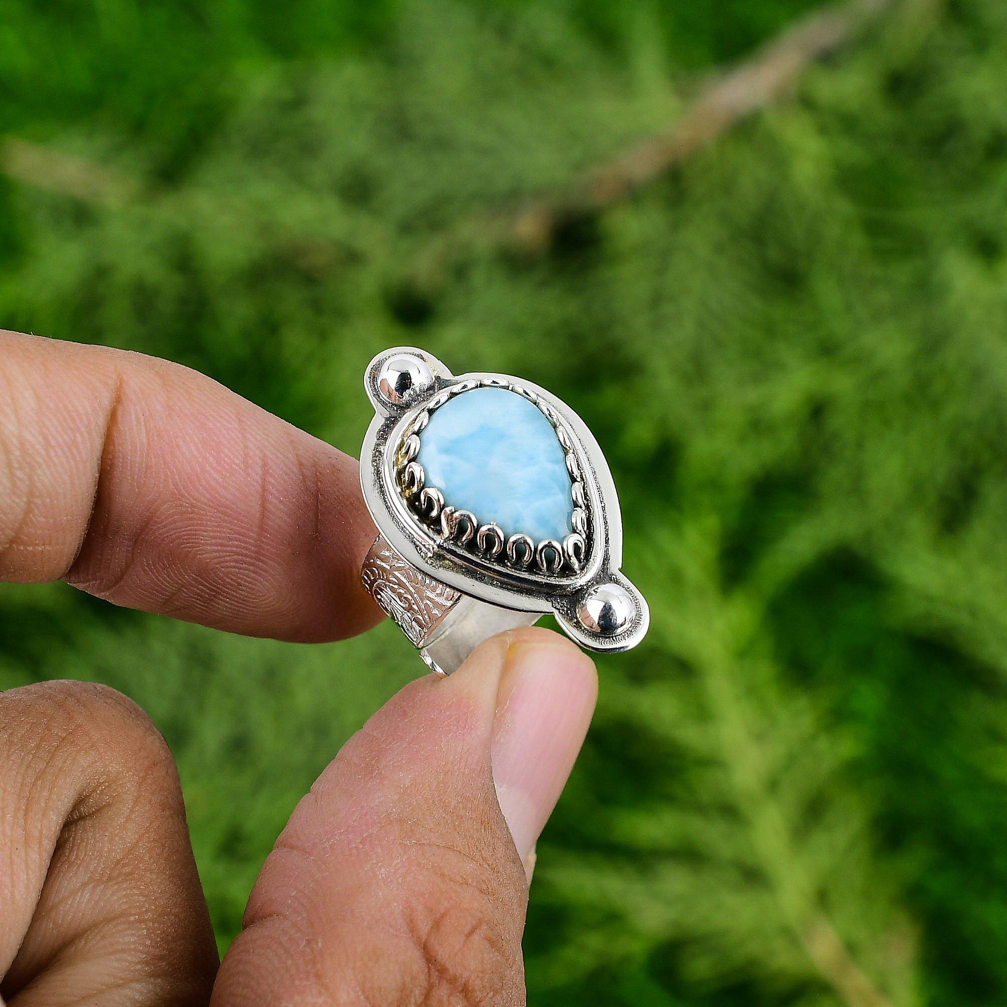 Natural Larimar Gemstone Stackable Blue Adjustable Ring 925 Sterling Silver