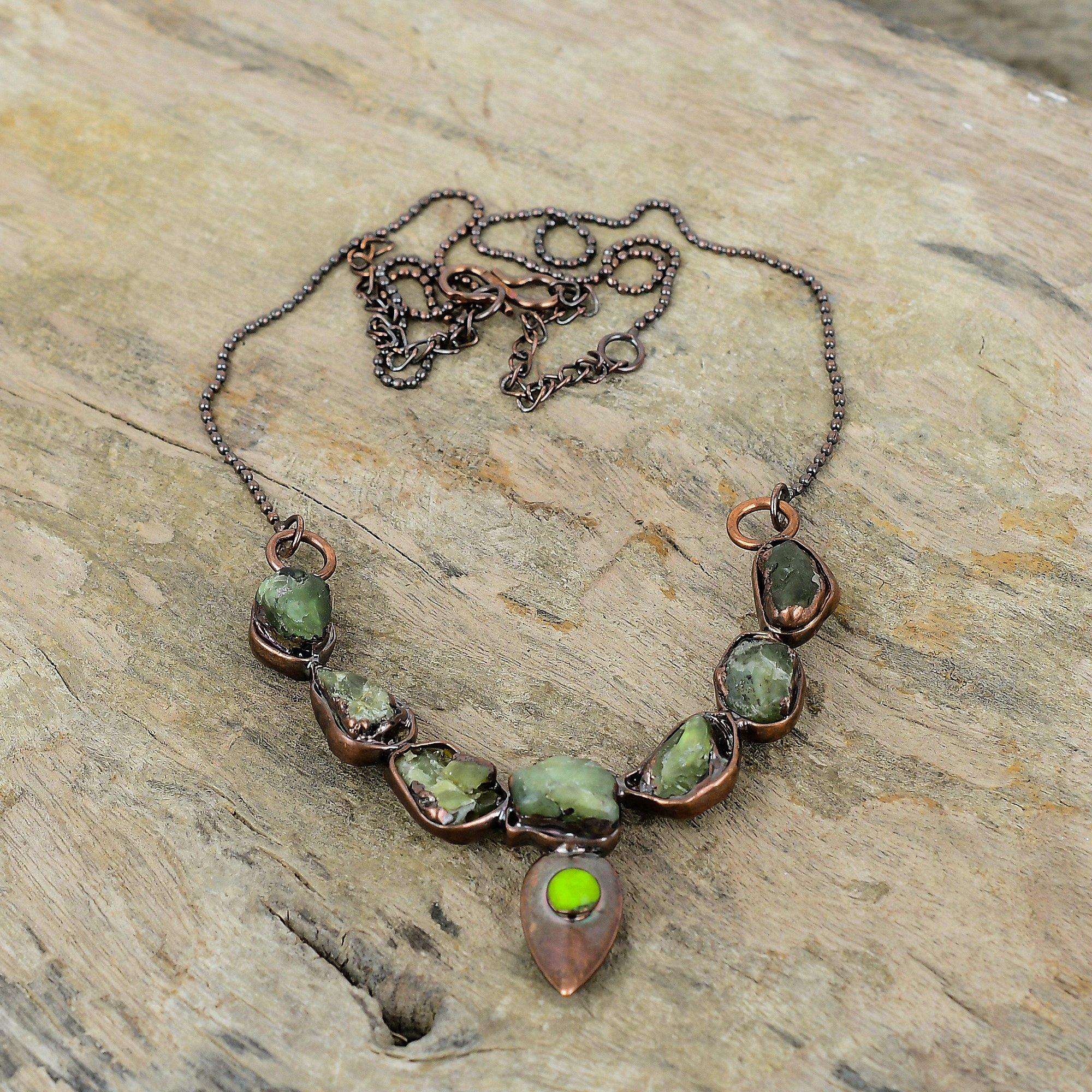 Green Tourmaline Rough Necklace Electroformed Copper Necklace Real Gemstone Jewelry Adjustable Chain Necklace Handmade Electroformed Jewelry