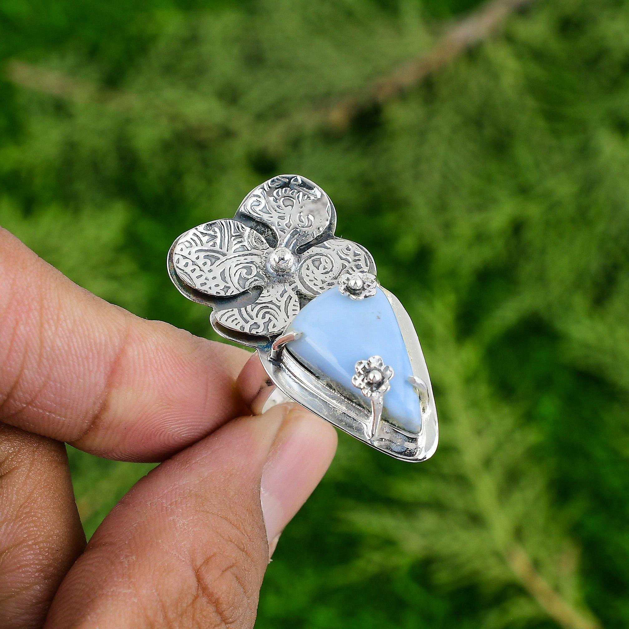 Sterling Silver Trillion Owyhee Blue Opal Gemstone Flower Statement Promise Ring