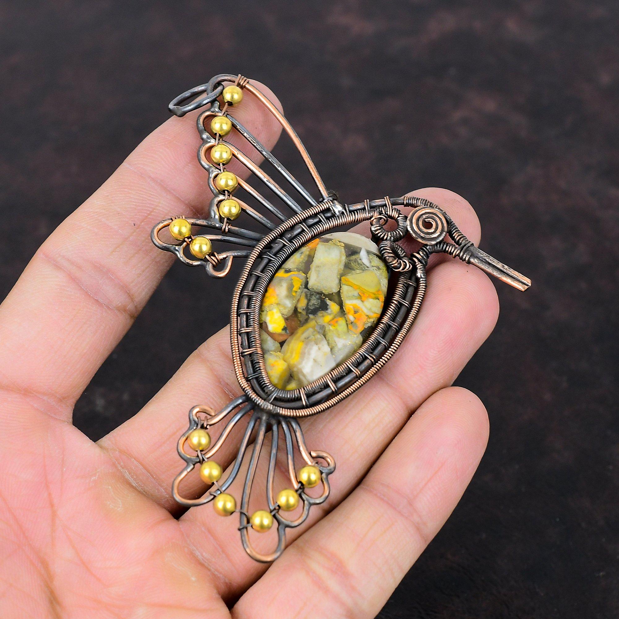 Copper Bumble Bee Jasper Pendant Copper Wire Wrapped Pendant Bird Jewelry Handmade Boho Pendant Copper Gemstone Jewelry Women's Special Gift