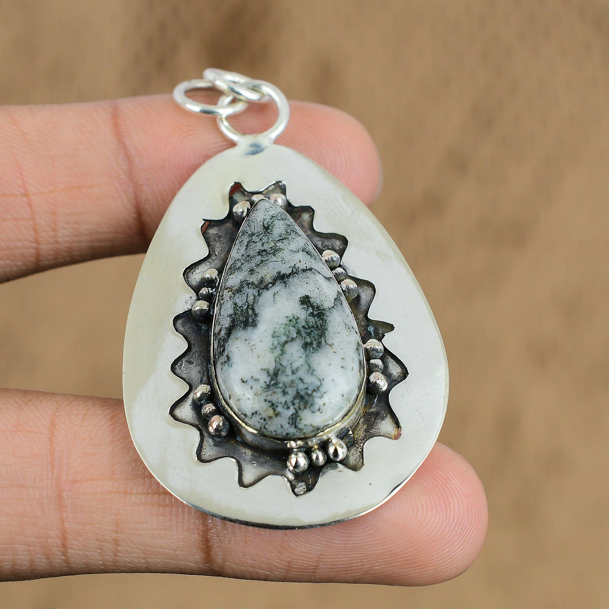 Pear Moss Agate Gemstone Daughter Wedding Anniversary Pendant Jewelry 925 Silver