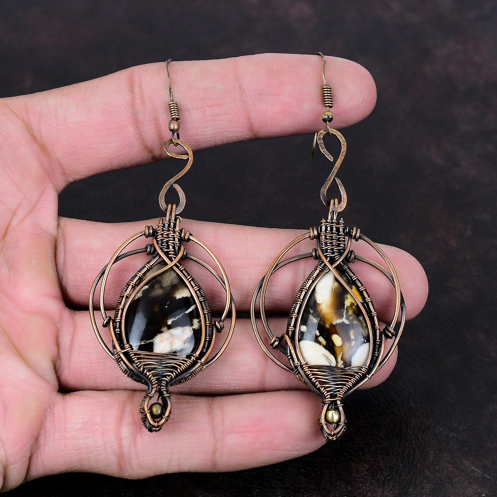 Cercei de jasp din lemn de arahide Cercei înveliți cu sârmă de cupru Bijuterii lucrate manual cu pietre prețioase Cadou pentru femei Cercei nou-nouțe Bijuterii învelite cu sârmă de cupru