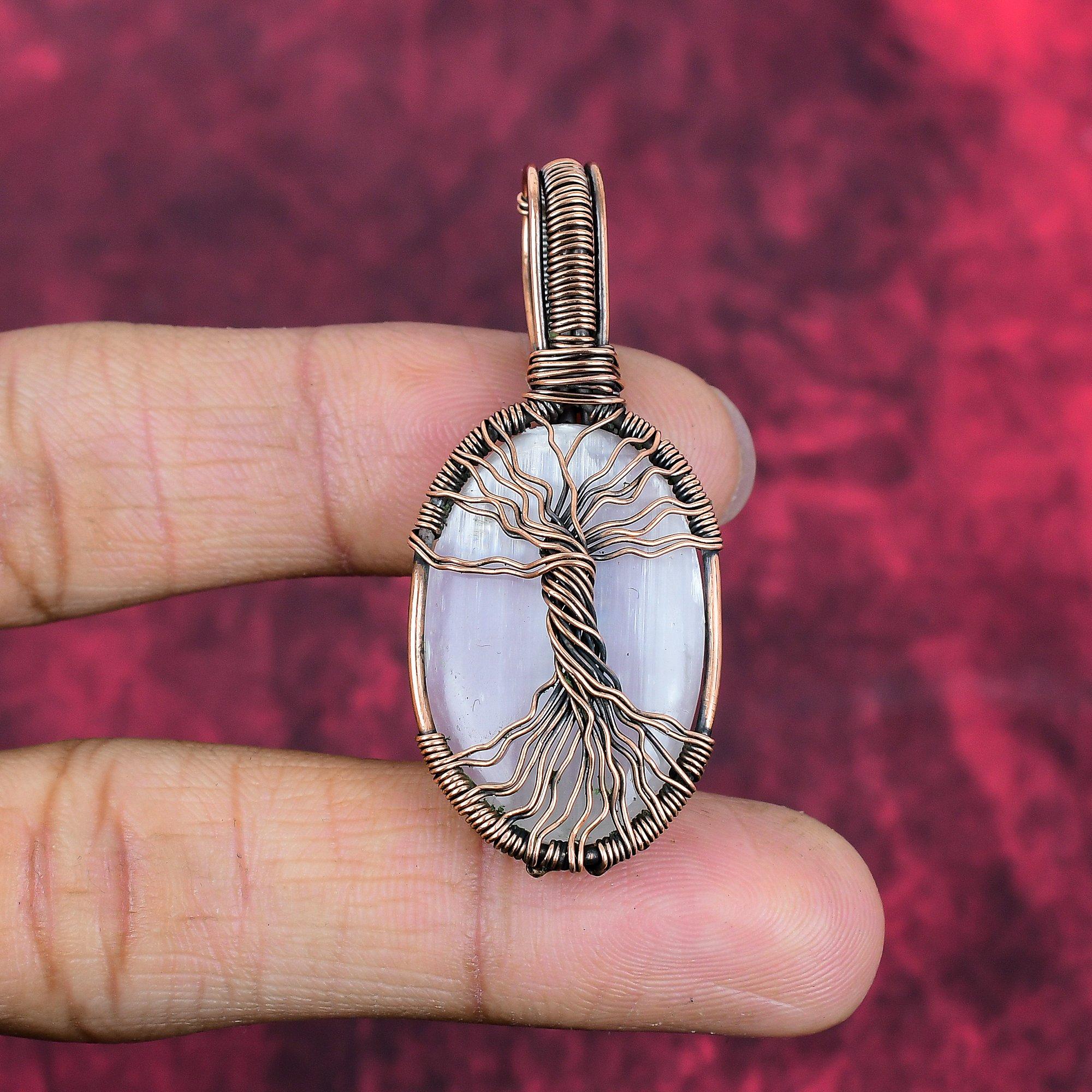 Tree of Life Selenite Pendant Copper Wire Wrapped Pendant Handmade Pendant Copper Wire Jewelry Gemstone Pendant Gifts for Mom Decent Jewelry