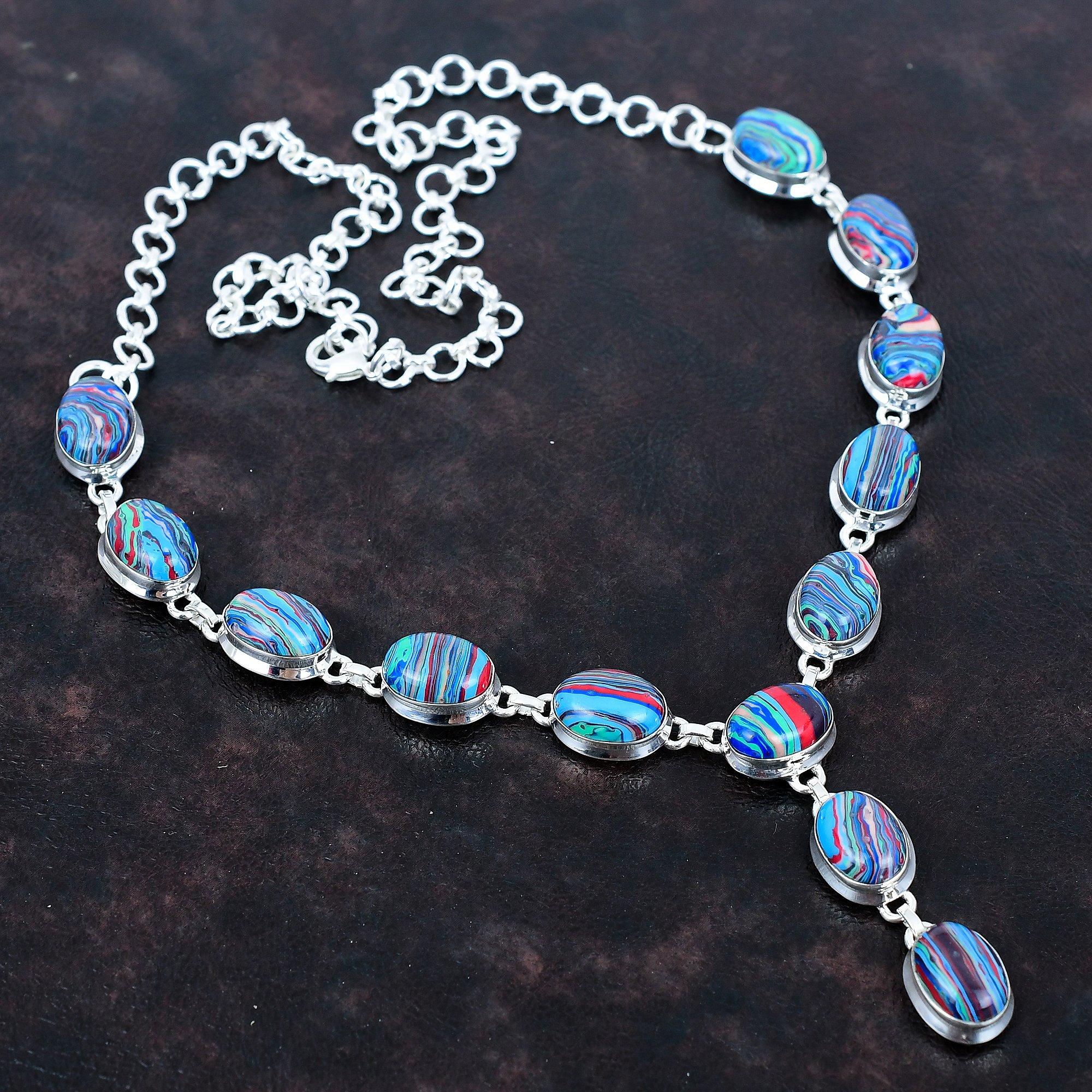 Rainbow Calsilica Necklace Gemstone Necklace Antique Jewelry 925 Sterling Silver Necklace Handmade Adjustable Chain Necklace Gifts for Women