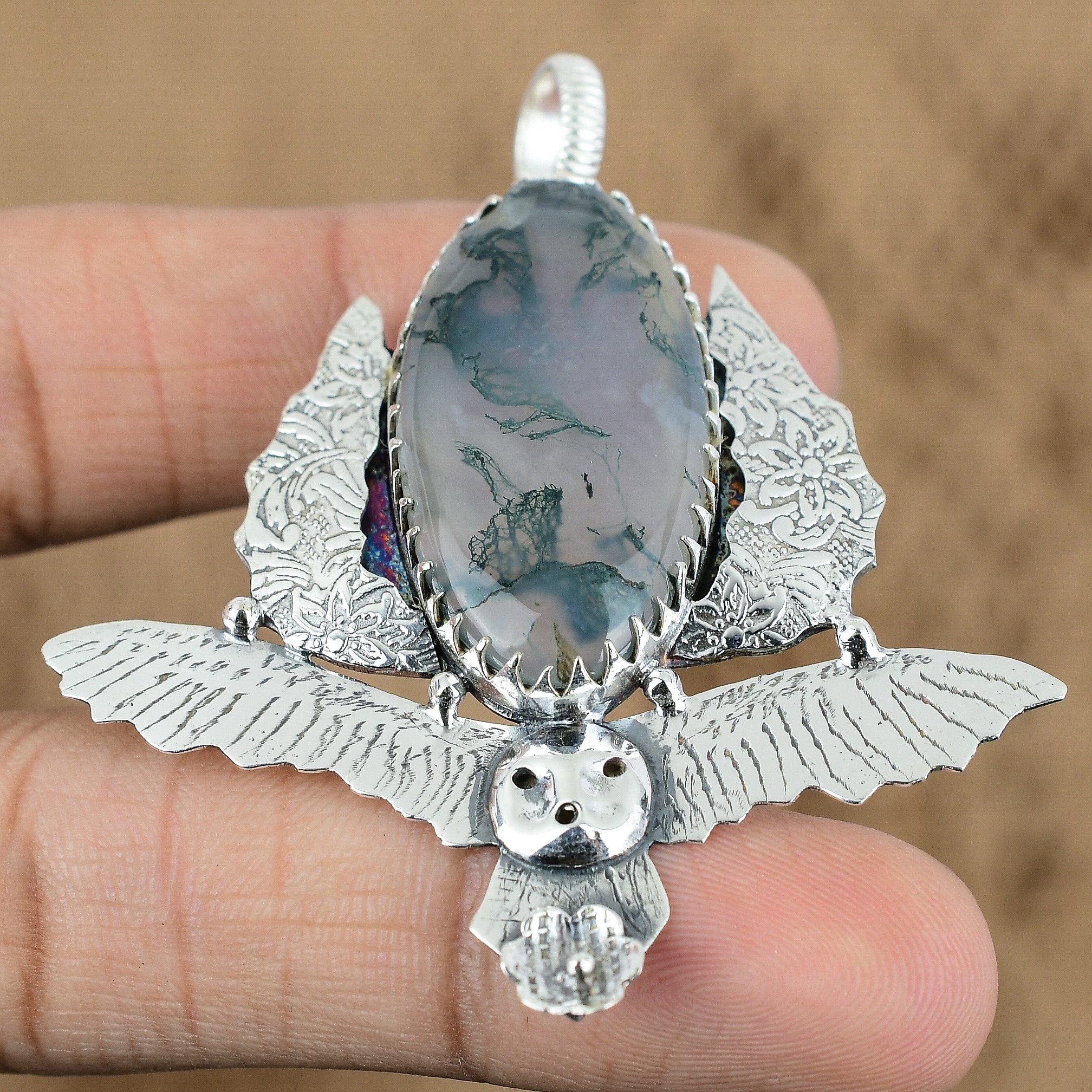 Natural Solar Moss Agate Gemstone 925 Sterling Silver Pendant Owl For Girls