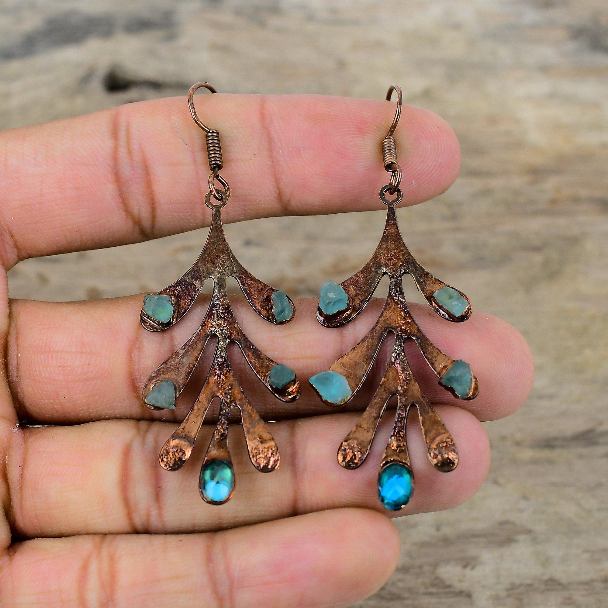 Faceted Neon Apatite Earring Electroformed Copper Earrings Neon Apatite Rough Earring Gemstone Copper Jewelry Handmade Earring Gift For Her