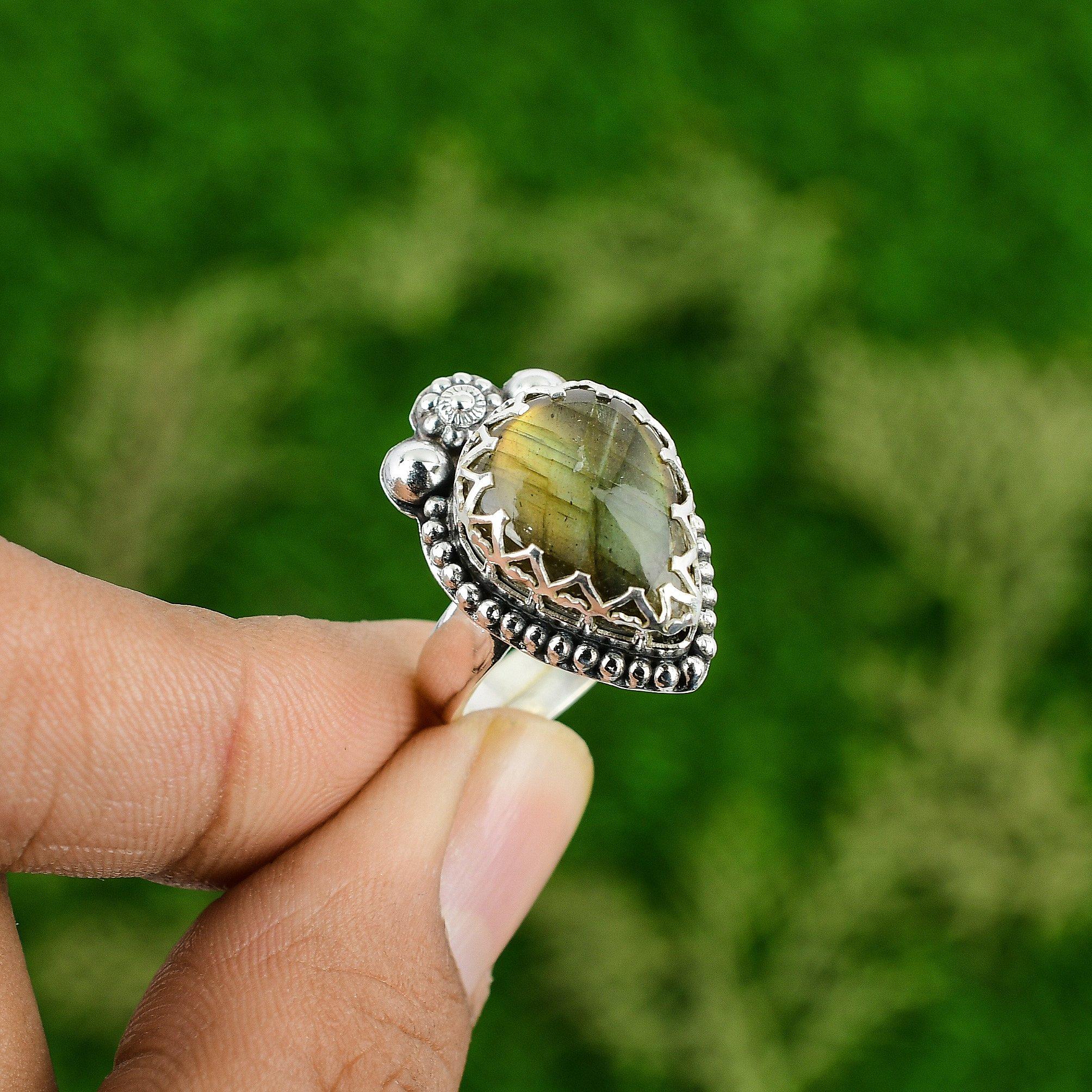 Natural Labradorite 925 Sterling Silver Stackable Daughter Bezel Ring Jewelry