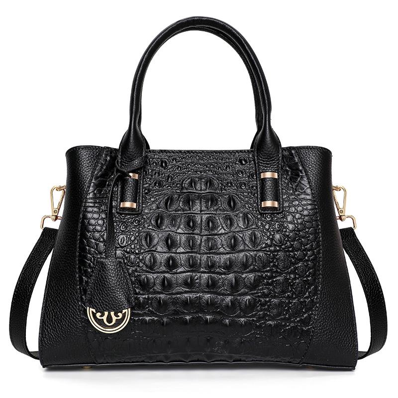 Aidrani Fashionable Large Capacity Women's Handbag, Crocodile Pattern, Cowhide Material, Black