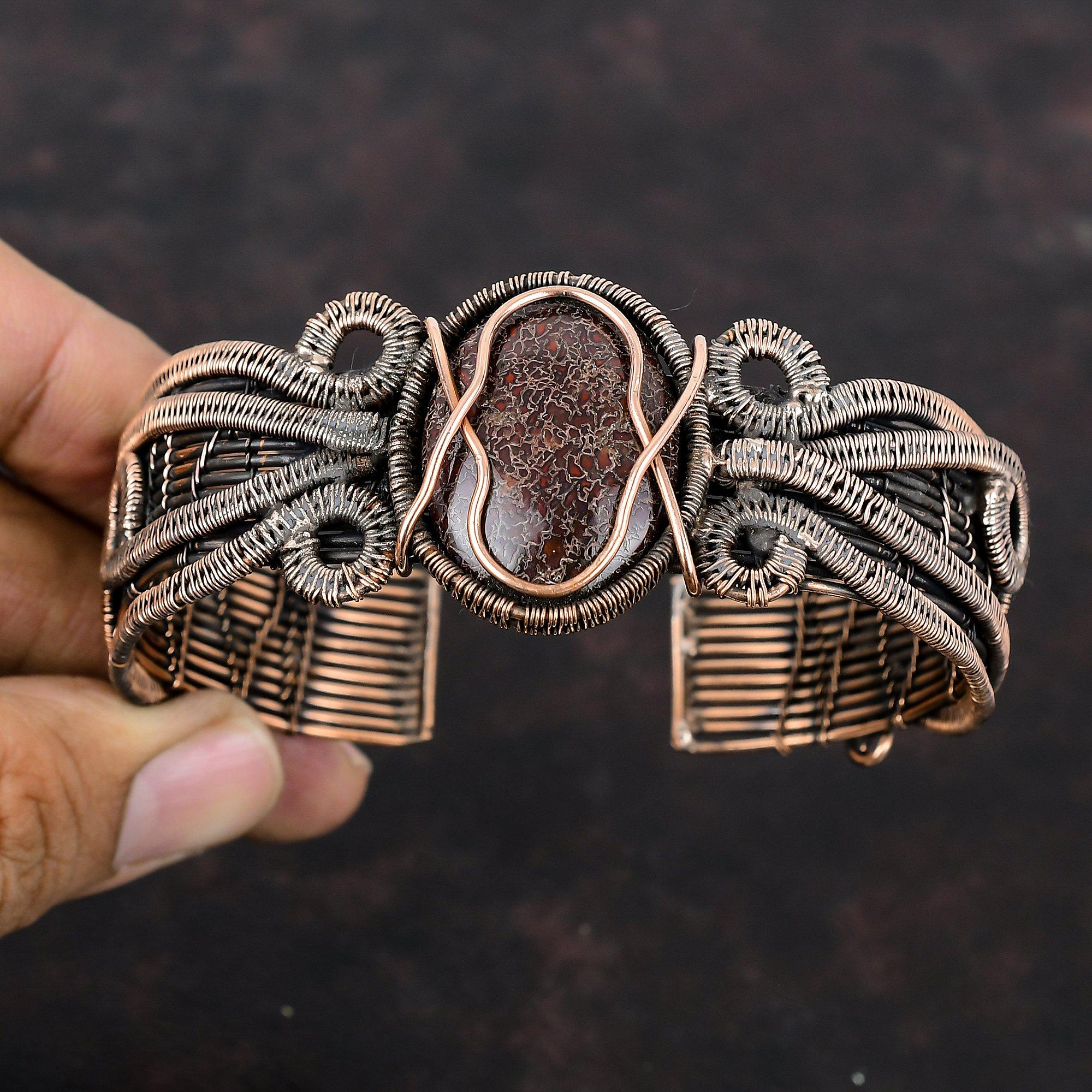 Dinosaur Bone Cuff Bracelet Copper Wire Wrapped Adjustable Bangle Handmade Cuff Bracelet Gemstone Bangle Copper Wire Jewelry Engagement Gift