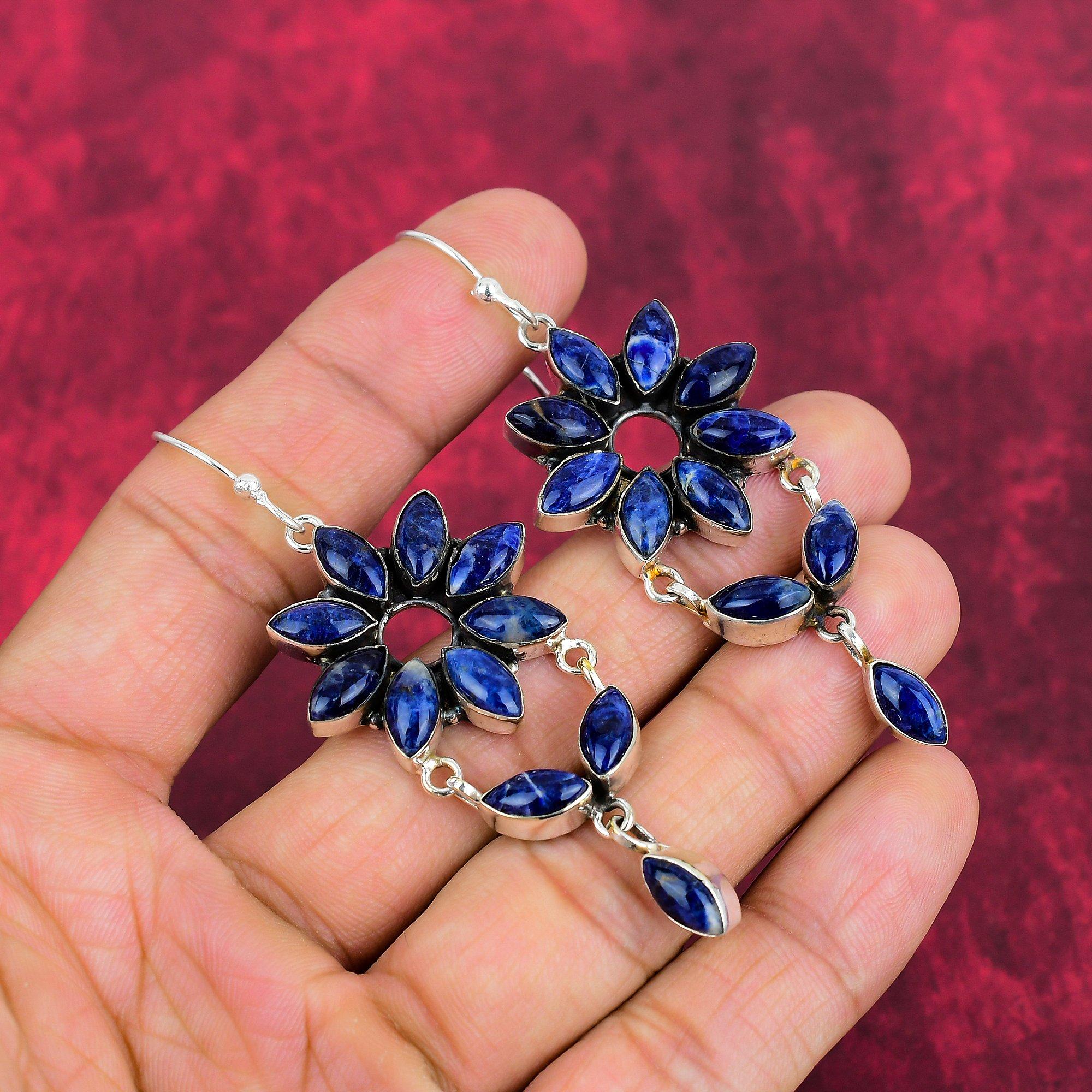 Sodalite Handmade Gemstone Earrings, 925 Solid Sterling Silver Earrings Antique Jewelry, Earrings For Engagement Gift