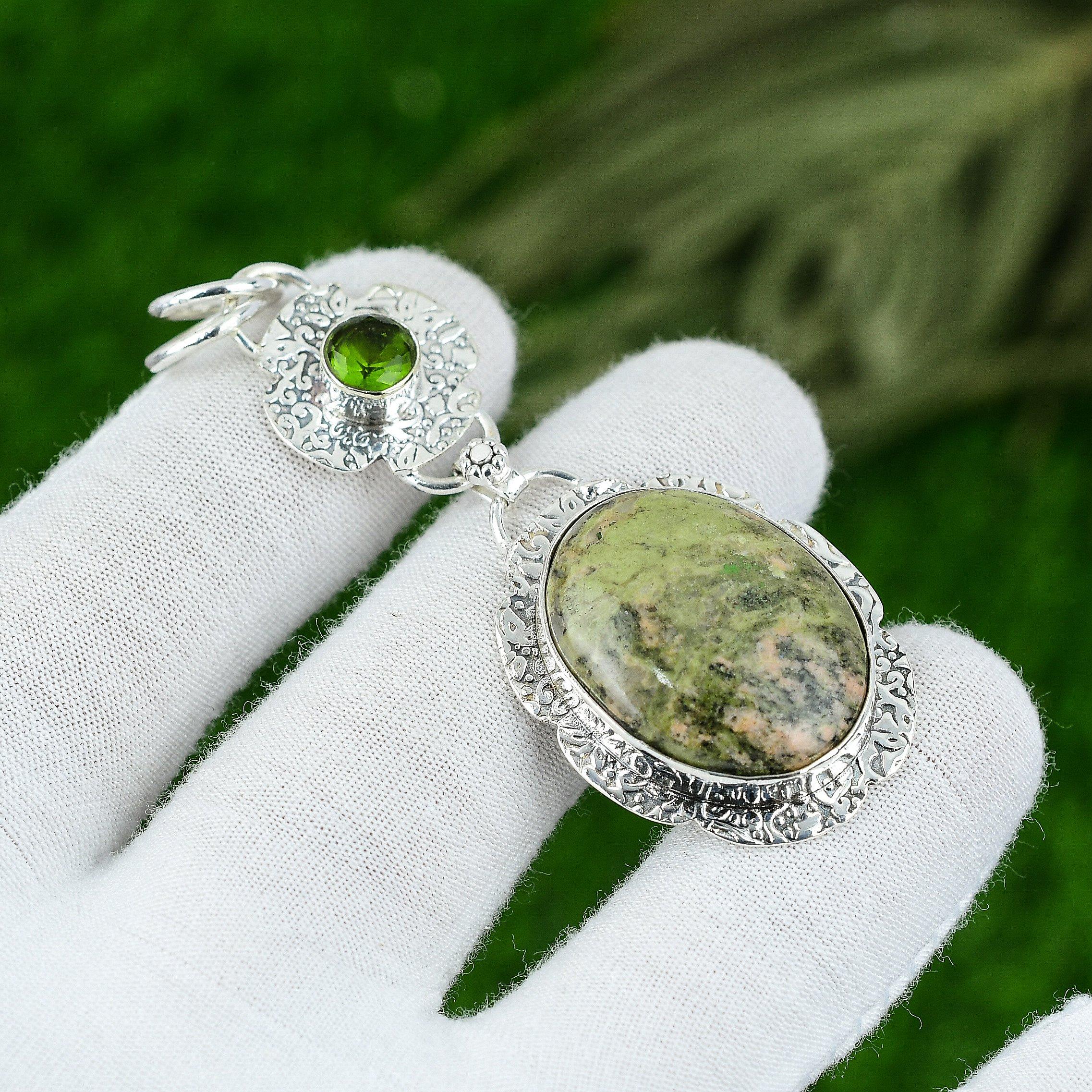Natural Unakite Gemstone Pendant 925 Sterling Silver Indian Jewelry For Women