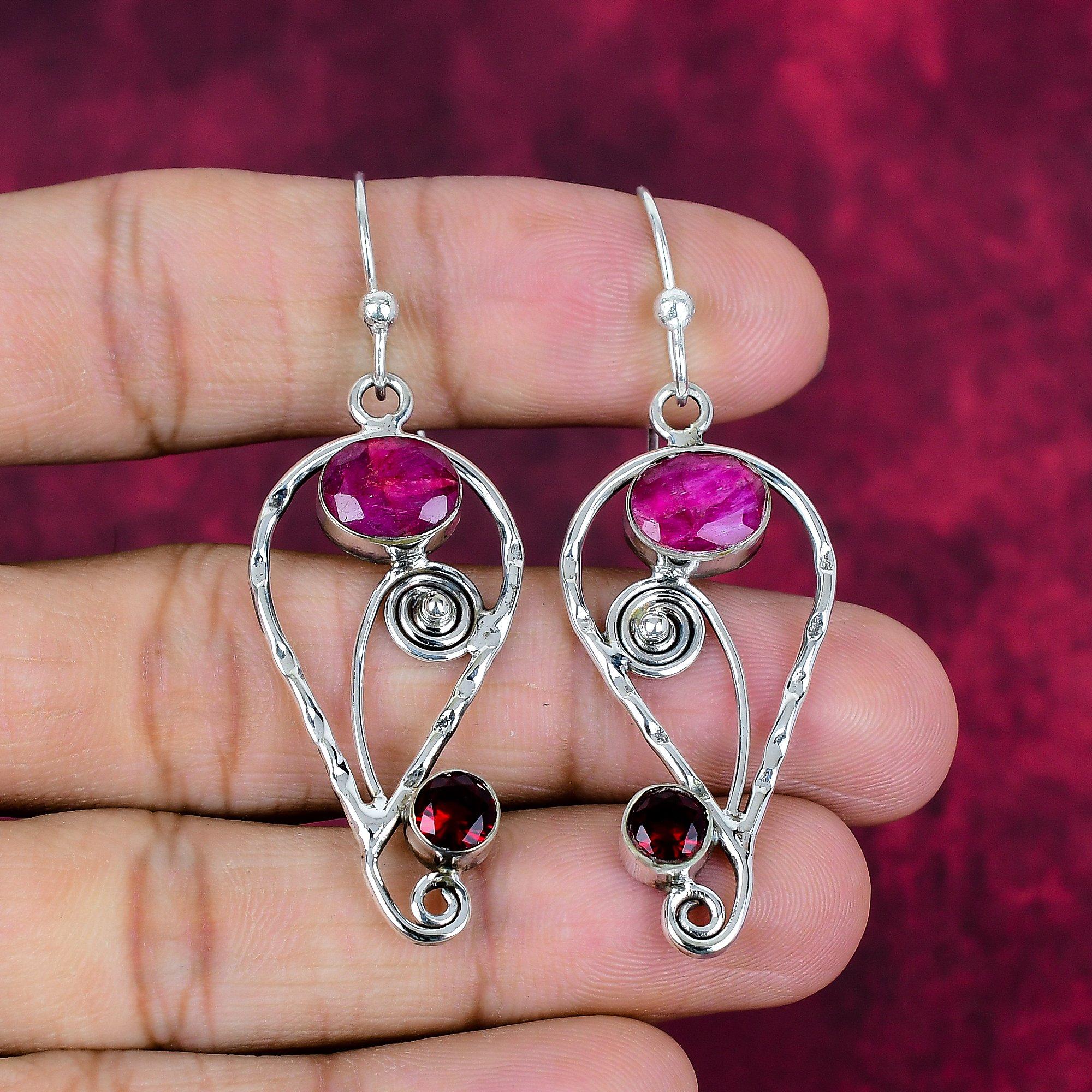 Ruby & Garnet Earrings Gemstone Jewelry, 925 Solid Sterling Silver Handmade Earrings, Latest Design Jewelry
