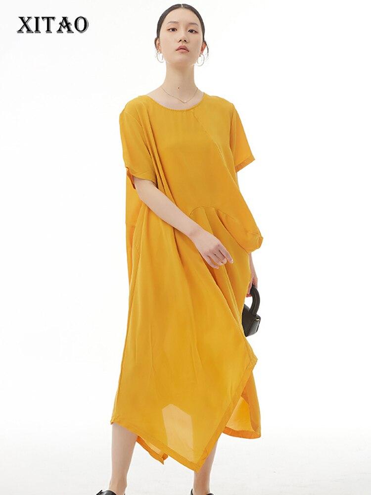 Xitao Solid Color Casual Asymmetrical Folds Dress WMD5417