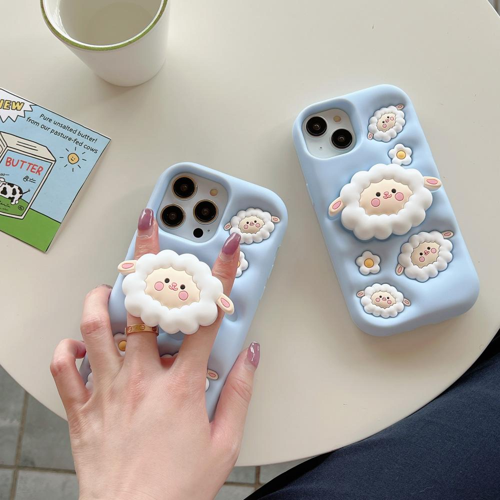 For iPhone 13 14 15 16 17 Pro Max Cute Cartoon 3D Sheep Soft Silicone Case Phone Back Cover Bracket