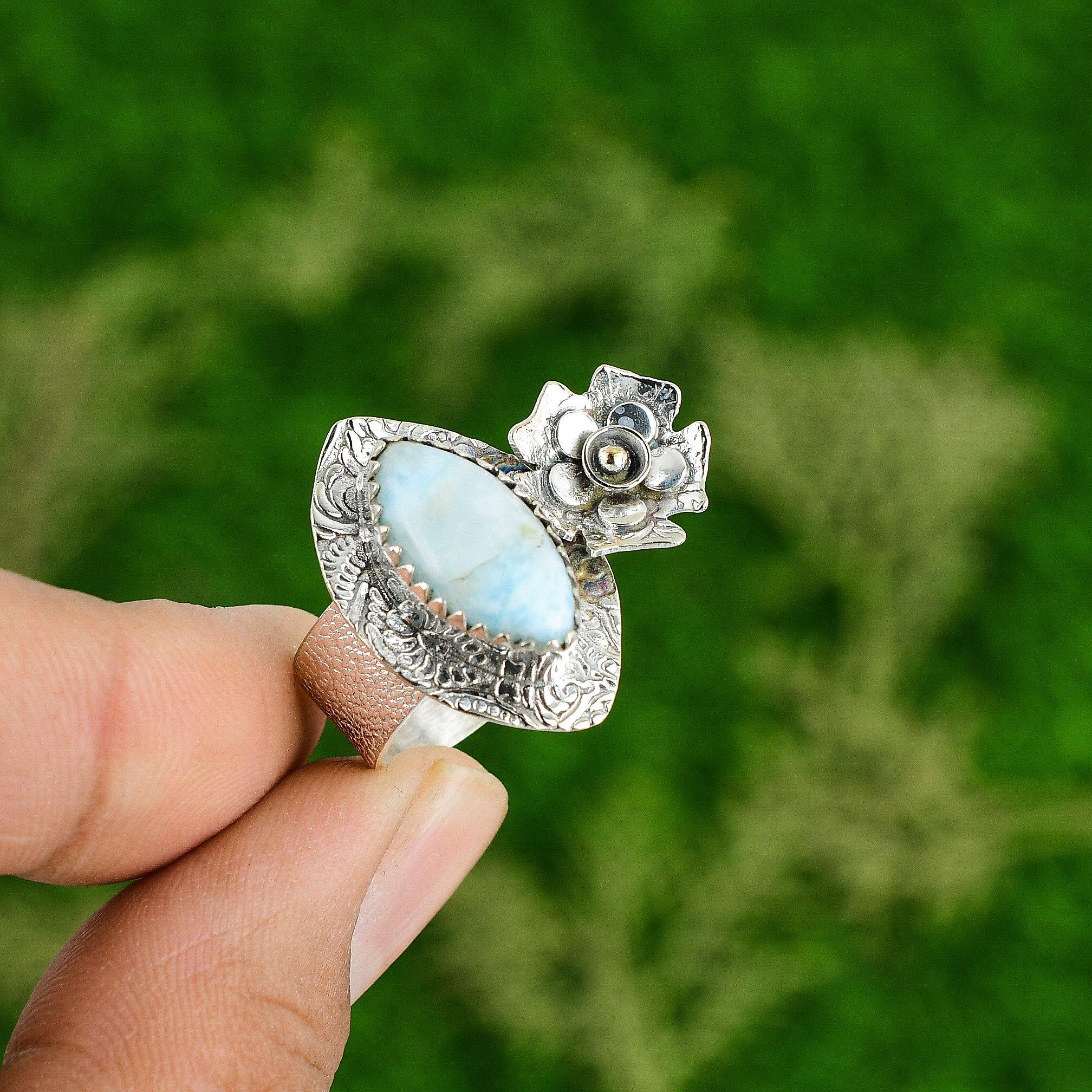 Natural Larimar Gemstone 925 Silver Promise Flower Ring Size 6.75 For Girls