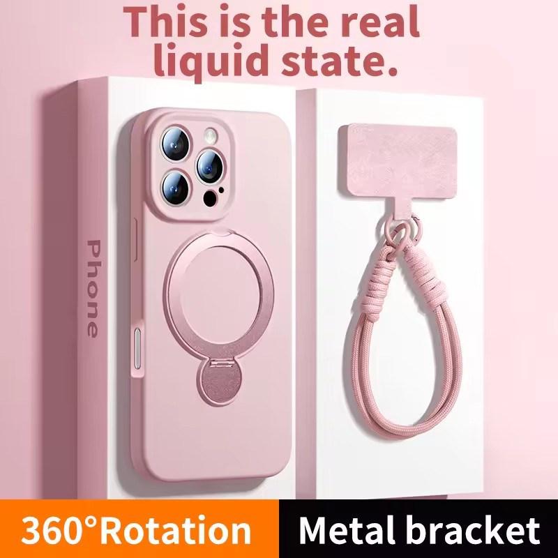 Magsafe Magnetic Bracket Liquid Silicone Phone Case For IPhone 13 14 15 16 17 Pro Max With Hanging Rope Anti fall Protective Cover