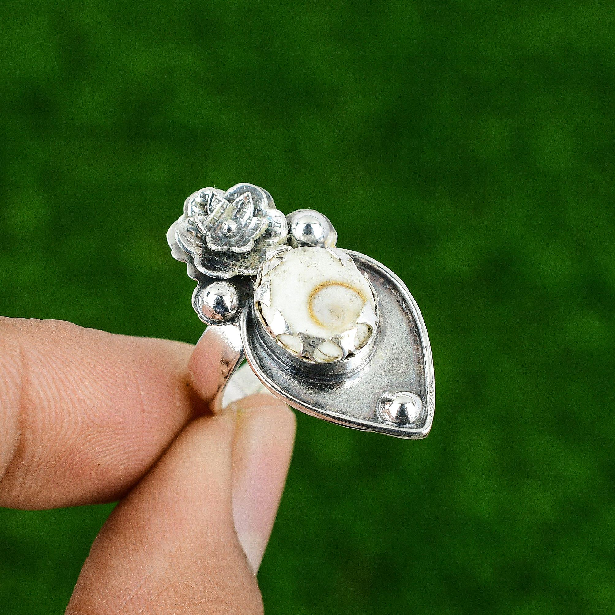 Natural Shiva Eye Shell Promise Flower Adjustable Ring 925 Silver For Women