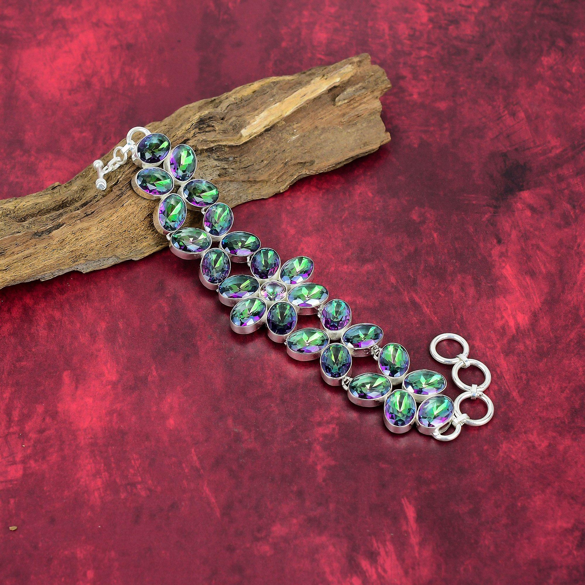 Mystic Topaz 925 Solid Sterling Silver Bracelet With Adjustable Chain, Handmade Gemstone Jewelry Bracelet For Memorial Day
