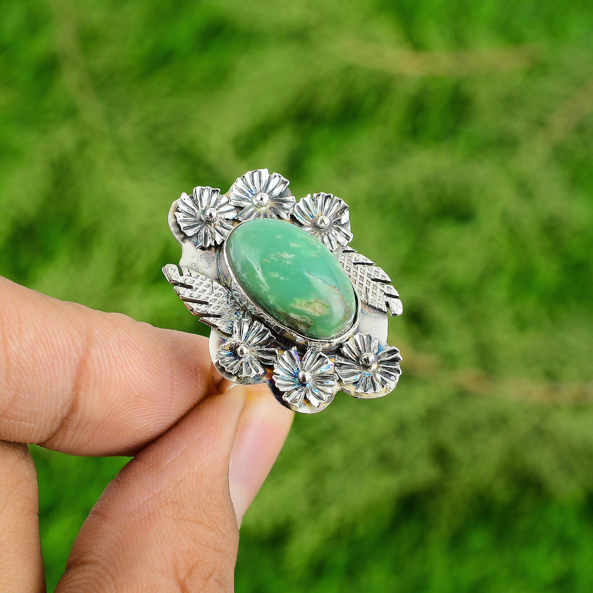 Gift For Her 925 Silver Natural Chrysoprase Solitaire Flower Adjustable Ring