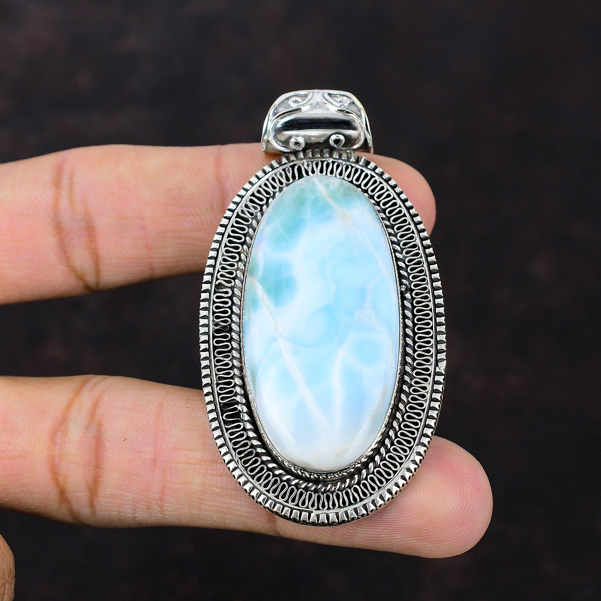Larimar Pendant Original Gemstone Pendant 925 Sterling Silver Pendant Larimar Jewelry Handmade Vintage Pendant Boho Jewelry Gift For Wedding