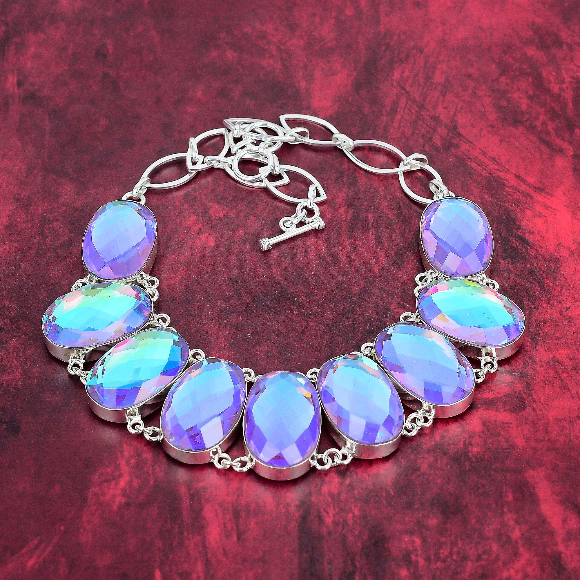 Mystic Topaz Necklace Gemstone Jewelry, 925 Solid Sterling Silver Adjustable Chain Necklace, Gift For Women Handmade Necklace