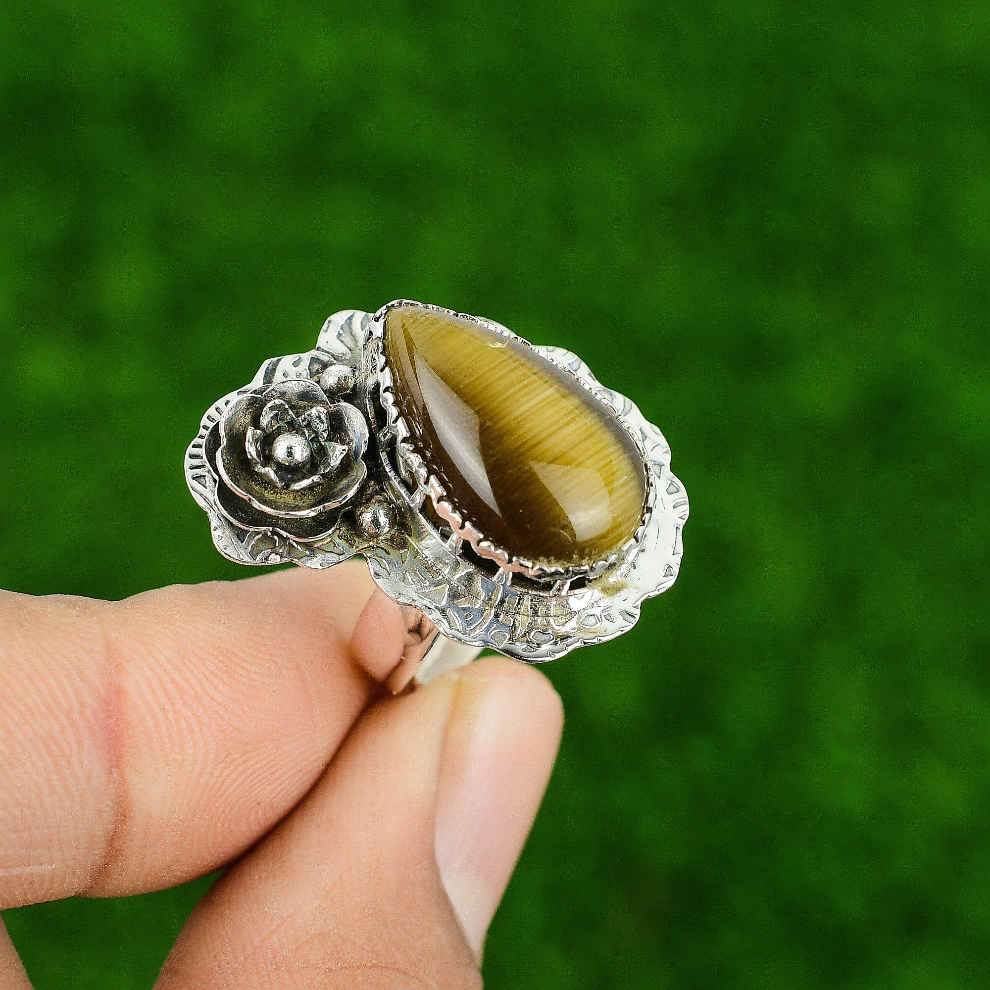 Pear Natural Cat's Eye Sterling Silver Stackable Statement Flower Birthday Ring