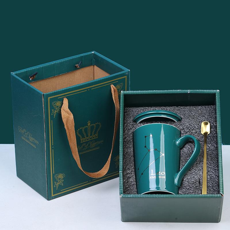 Keramik-Kaffeetasse, Sternbild-Trinkgeschirr-Set mit Deckel, goldener Löffel, kreative Sternzeichen-Tassen, Geburtstagsgeschenke für Männer und Frauen