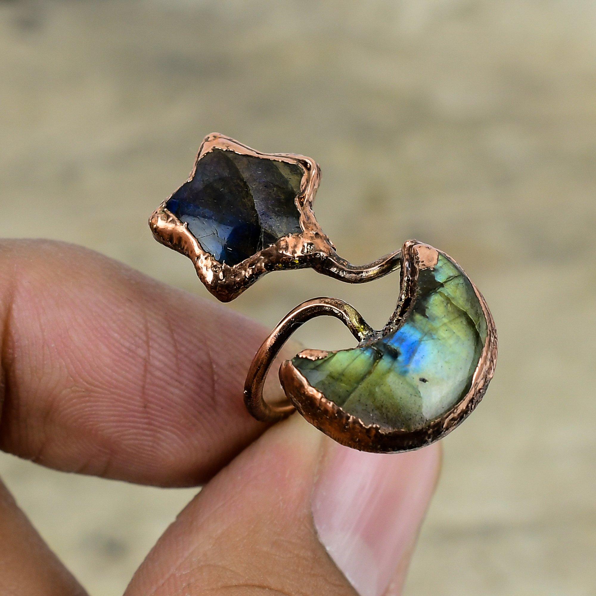 Labradorite Ring Electroformed Copper Ring Handmade Gemstone Jewelry Adjustable Ring Moon & Star Ring Beautiful Copper Jewelry Gifts For Him