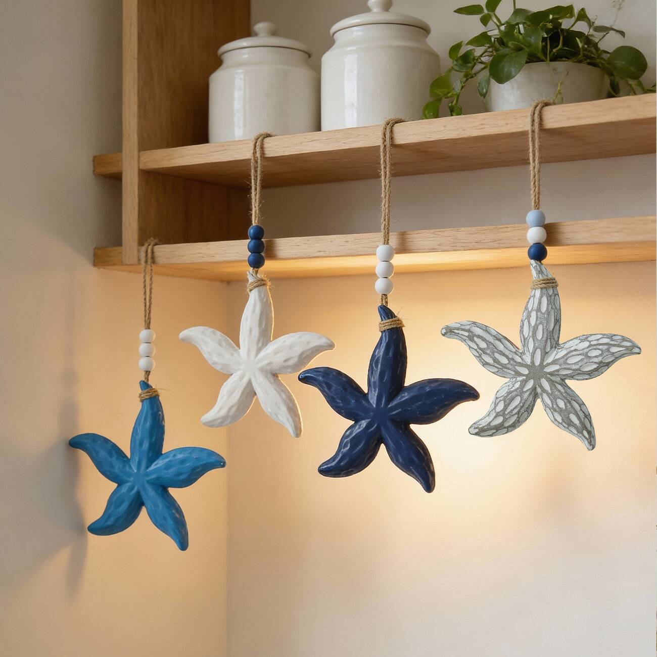 Mediterranean Wooden Starfish Wall Hanging, 40cm Nautical Coastal Decor With Jute Rope, 4 Colors Beach Themed Ornament For Home Bedroom