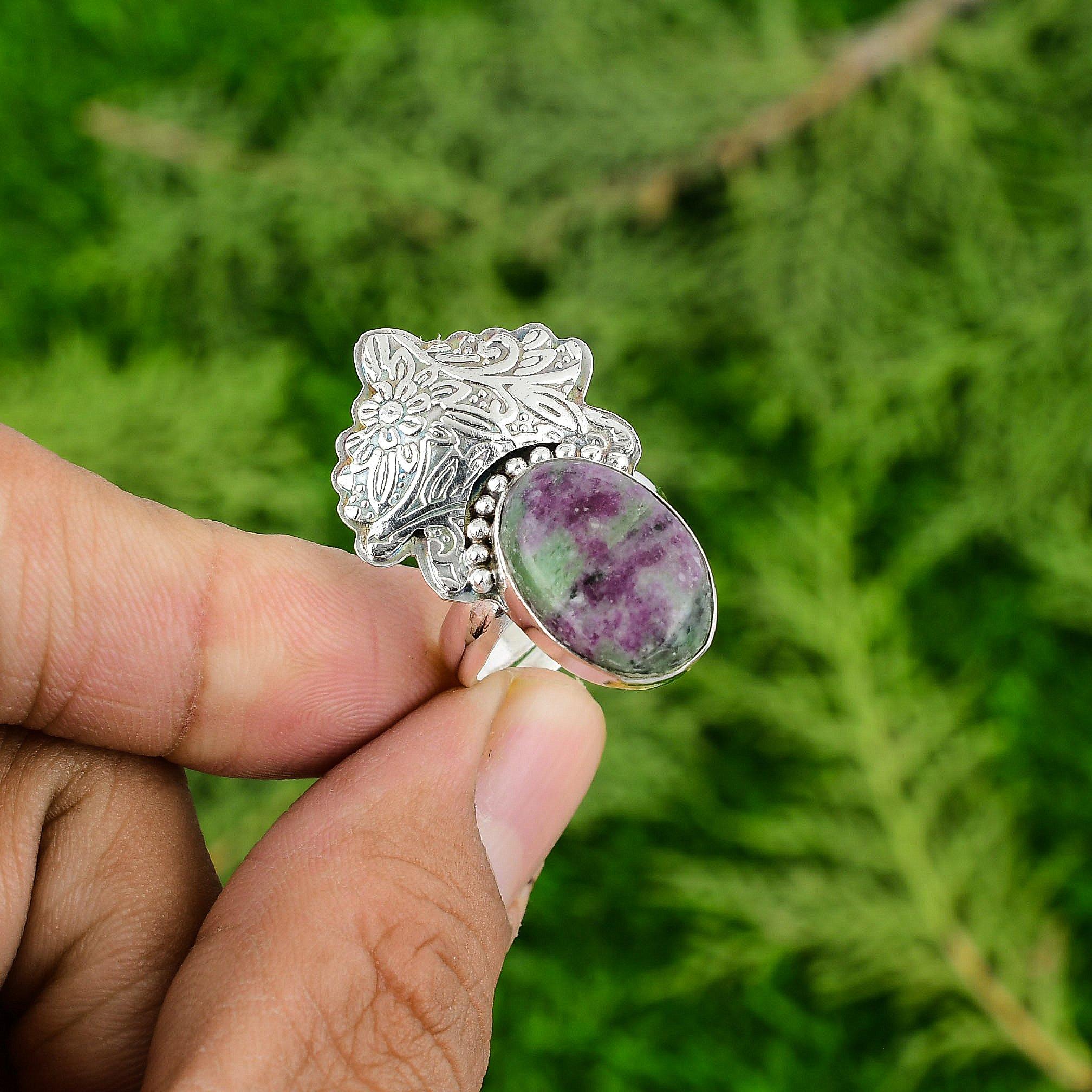 Mothers Day Deal Oval Ruby Zoisite Gemstone Sterling Silver Promise Ring Jewelry
