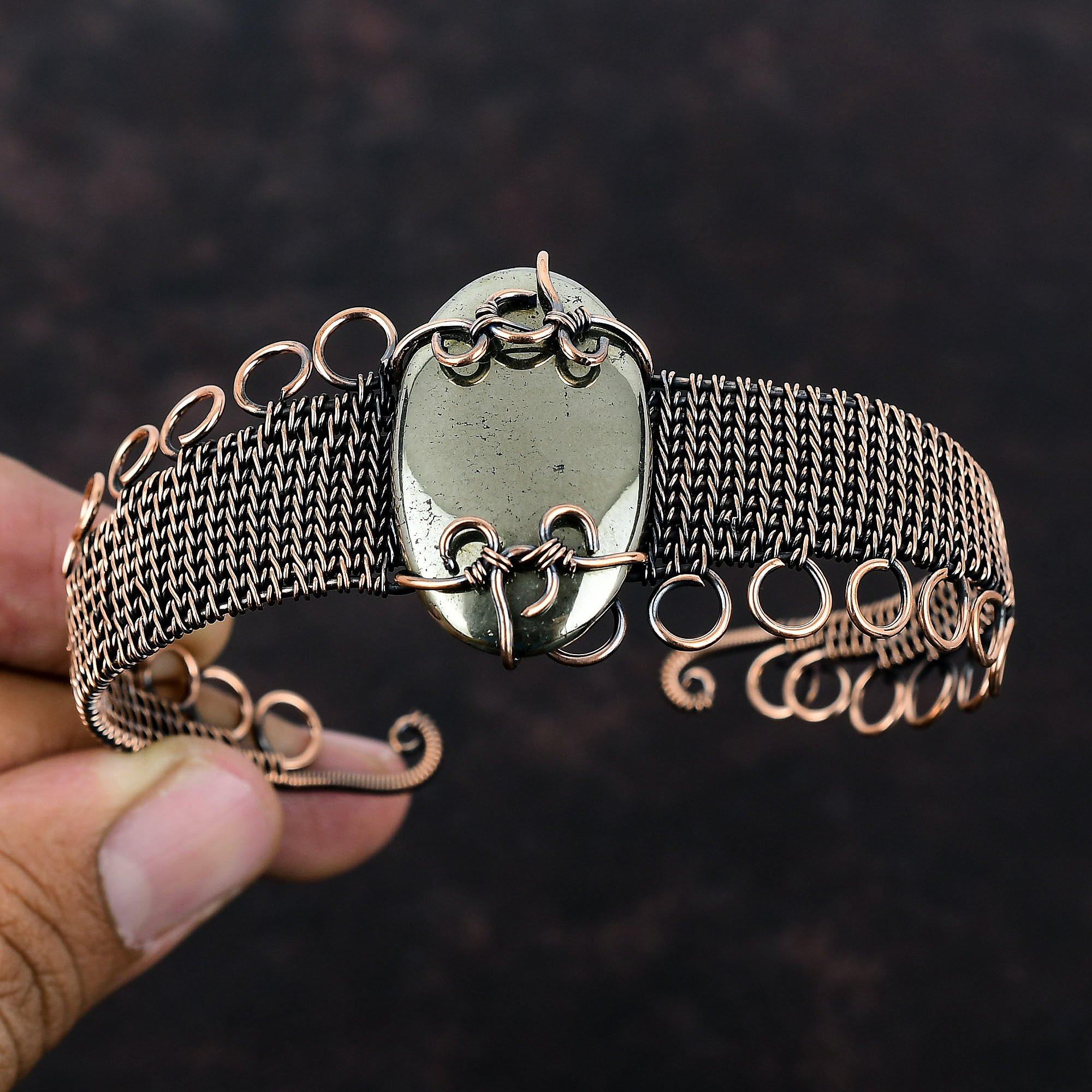 Apache Pyrite Cuff Bracelet Copper Wire Wrapped Cuff Bracelet Adjustable Bangle Gemstone Copper Jewelry Handmade Antique Bangle Gift For Him