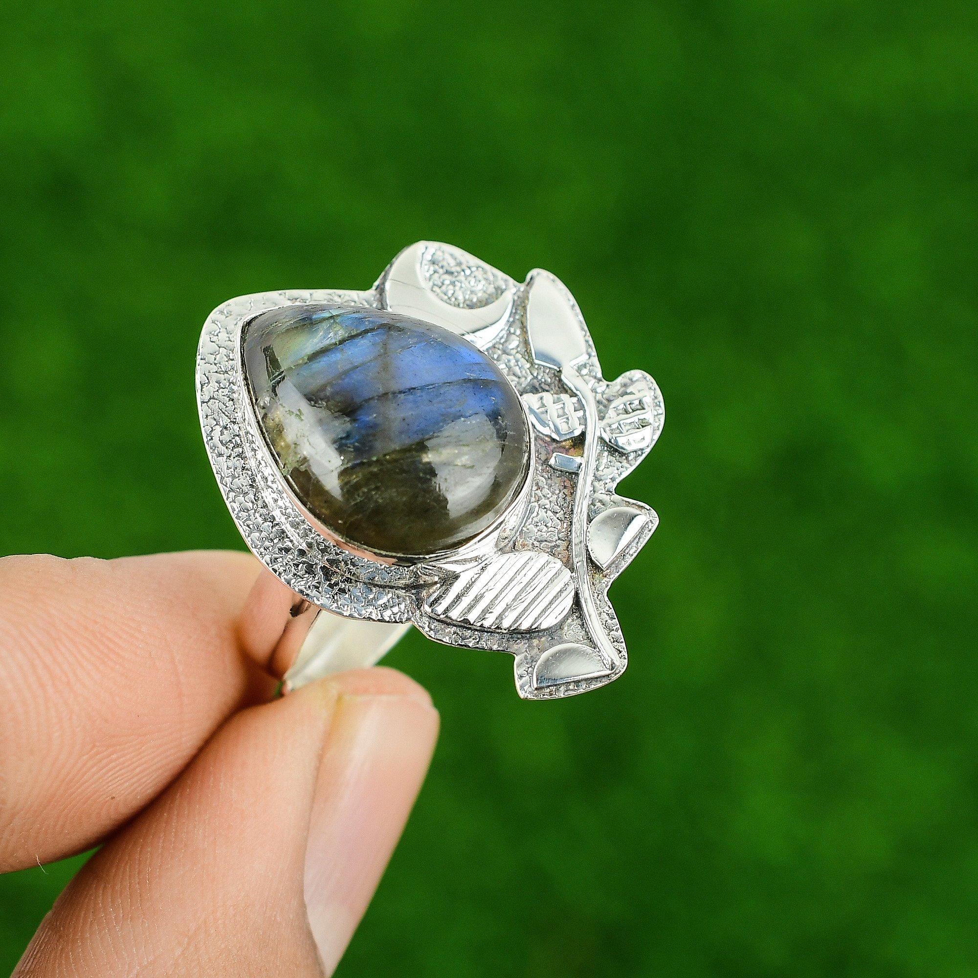 Pear Labradorite Stone Solitaire Cescent Moon Ring Jewelry 925 Sterling Silver