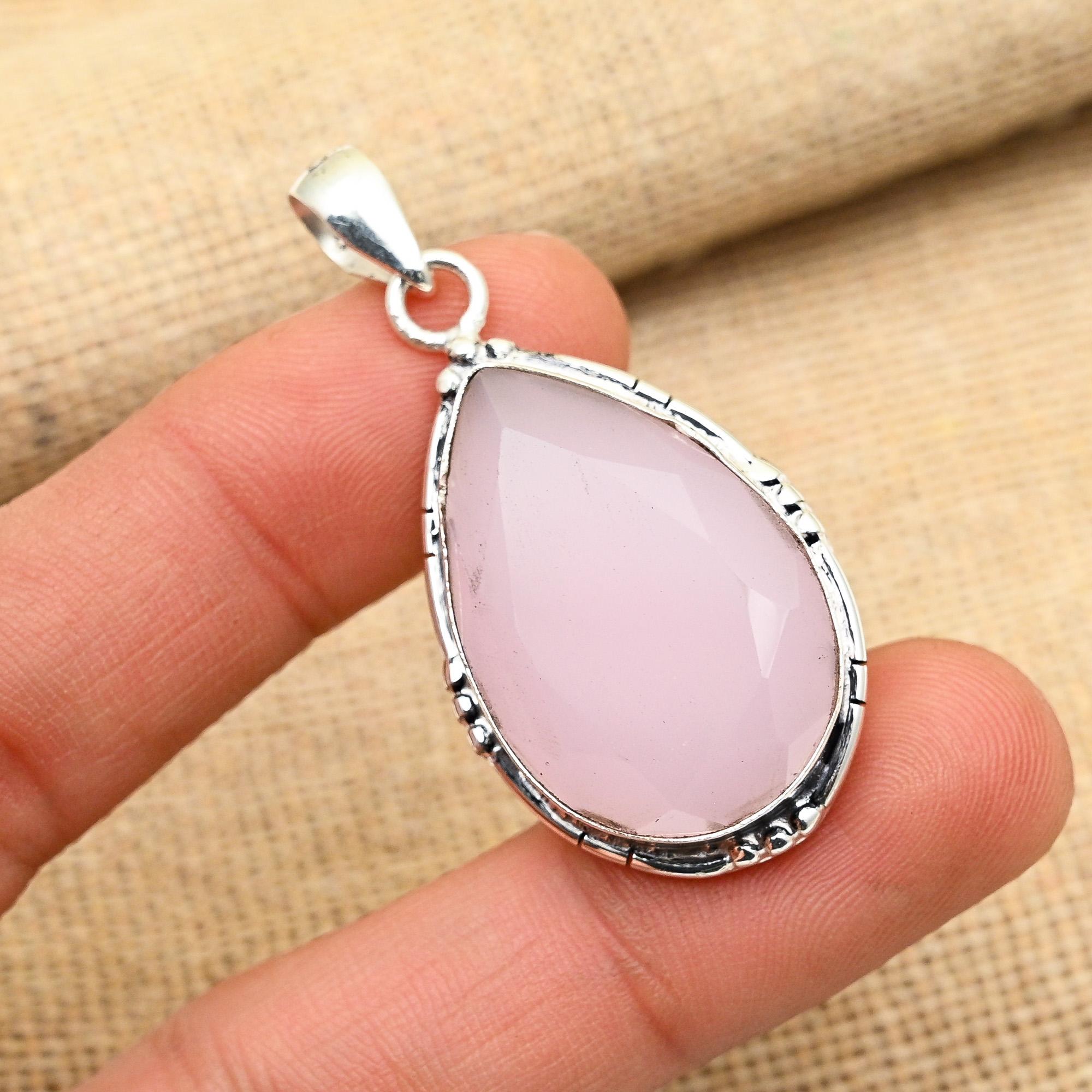 Pink Chalcedony Gemstone Handmade 925 Sterling Silver Jewelry Pendant For Women
