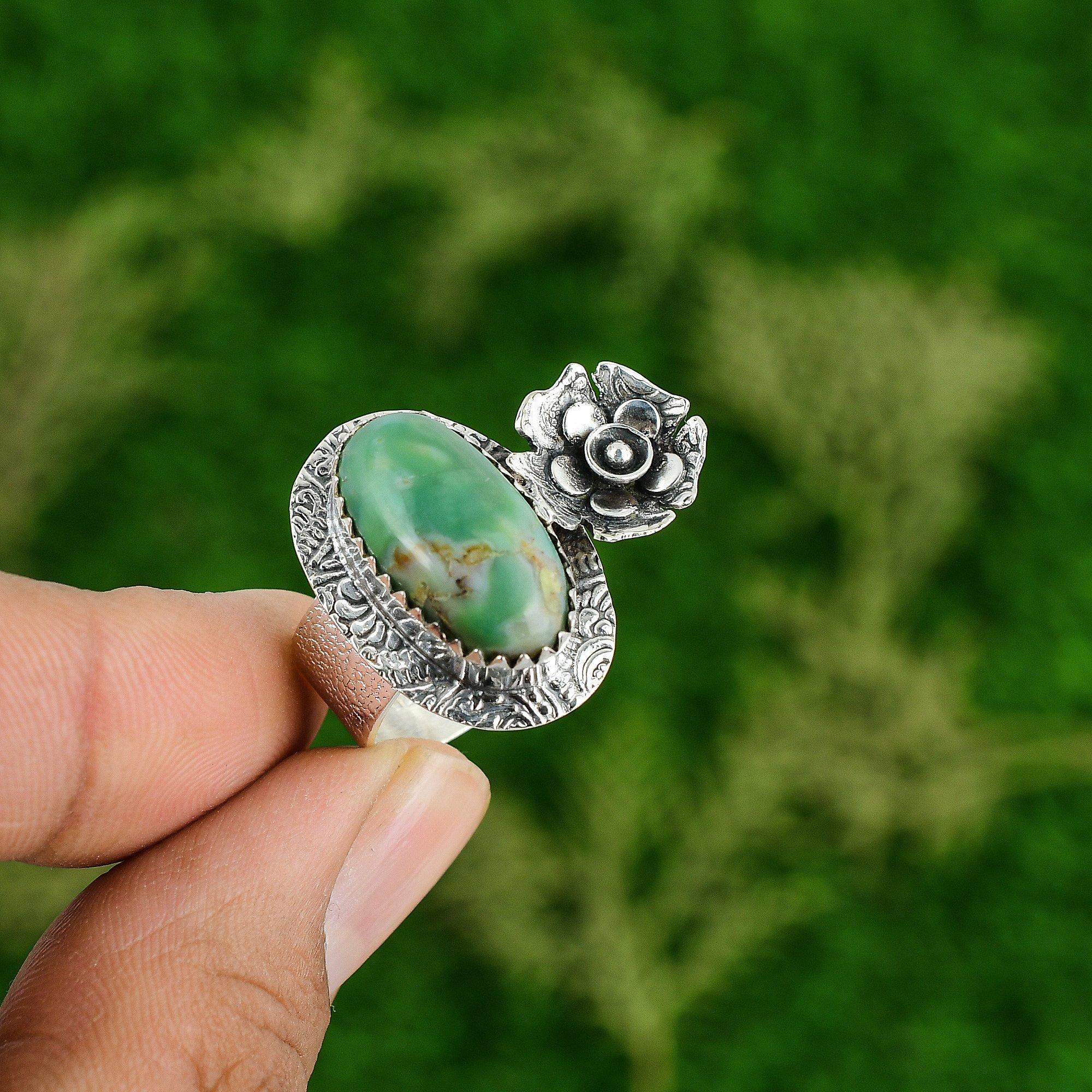 Natural Chrysoprase Gemstone Promise Flower Ring Size 7 925 Silver For Women